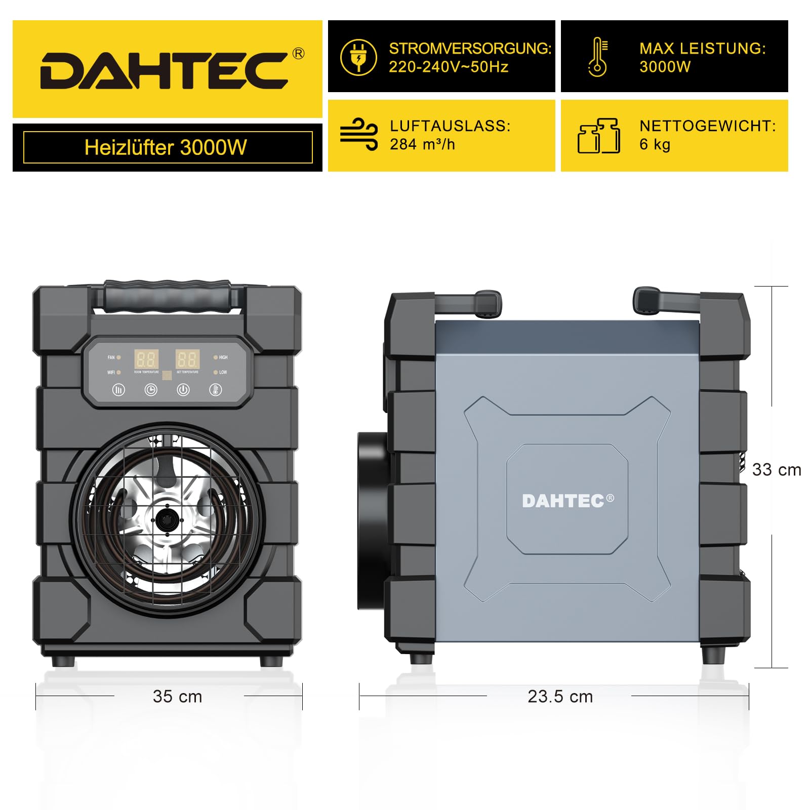 Professioneller Elektro Heizlüfter 2000 Watt mit Fernbedienung, WIFI | Schwerem Stahlgehäuse, Überhitzungsschutz, mit Thermostat, Bautrockner für Baustelle, Garage