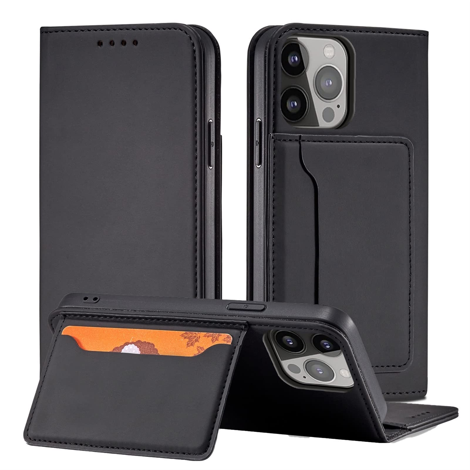 Étui de protection pour iPhone antichoc en cuir PU avec clapet pliable et porte-carte fonctionnel
