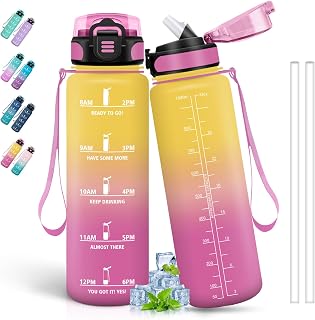 Trinkflasche 1L, Flasche mit Strohhalm, Sportflasche für Erwachsene, Auslaufsicher, Kann mit Dir Tragen, Zeitmarkierung, für Camping, Wandern, Fitness, Gelb-Rosa