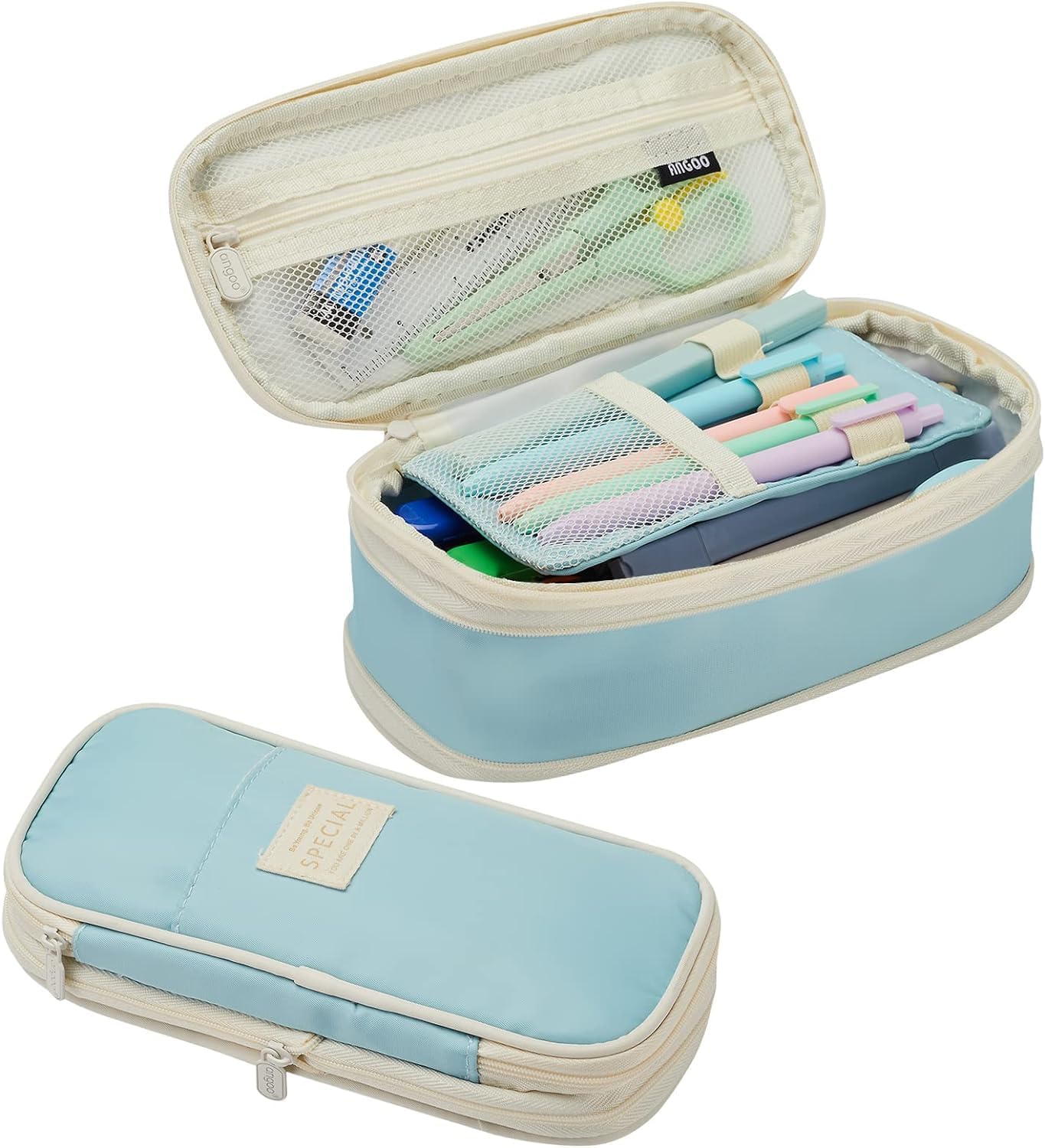 Polyester Cute Aesthetic Big Capacity Zipper Pencil Cases,Big Capacity Special Pencil Pen Case Office College School Large Storage High Capacity Bag Pouch Boys Office,Pack Of 1 (Blue)