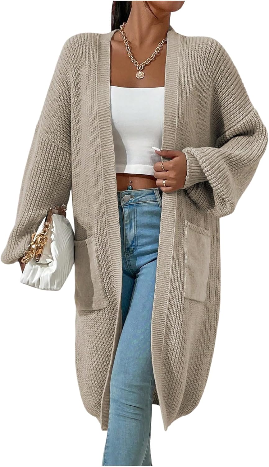 WDIRARA Women's Open Front Cardigan Sweaters Long Sleeve Knee Length Knit Outerwear with Pockets