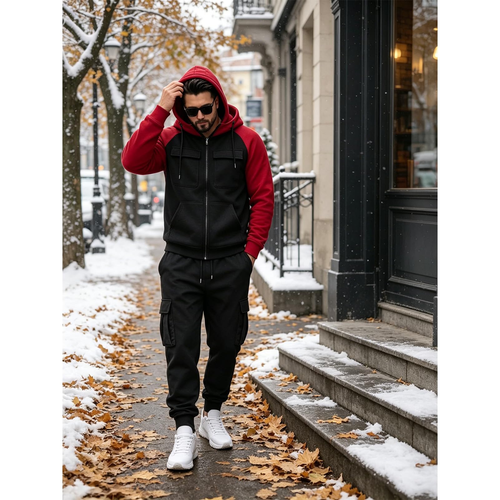 amropi Tute da Ginnastica Uomo Maniche Lunghe Giacca con Cappuccio Cerniera e Cargo Jogging Pantaloni con Tasche Sportiva Set