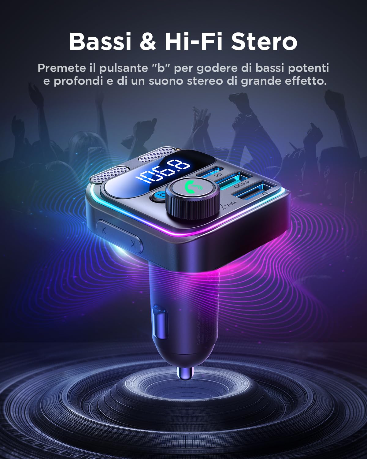 JOYROOM 81W Trasmettitore FM Bluetooth 5.4 per Auto【Bassi & Stereo Hi-Fi】Vivavoce Adattatore Bluetooth Auto【45W PD & 36W QC 3.0】Doppio Microfono Supporto Bluetooth & Disco U per iPhone 17