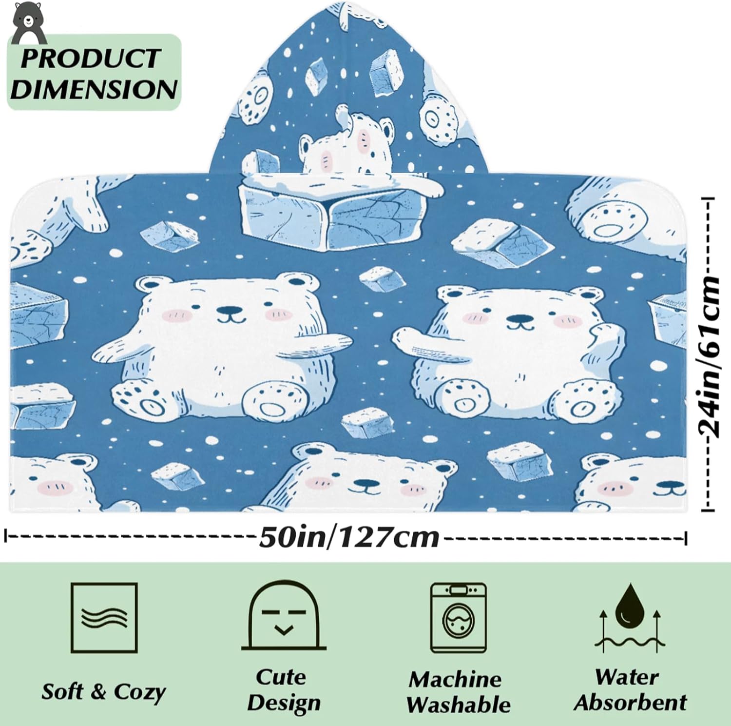 Polar Bears Hooded Towels for Kids Cute White Cartoon Bear Absorbent Soft Pool Swim Beach Bath Towel for Boys Girls, 24 in x 50 in