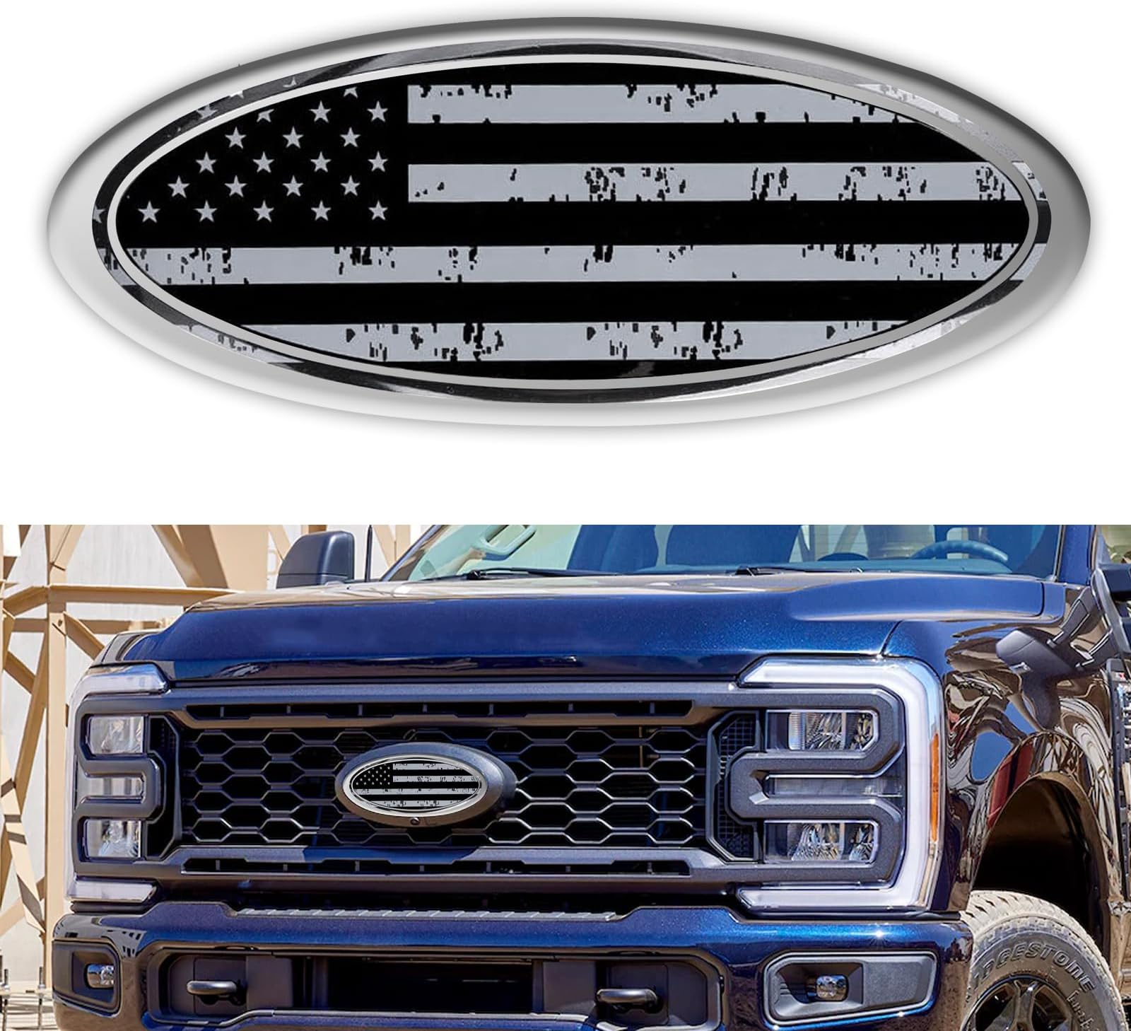 Front Grille Emblem for Ford - 9 Inch Rear Tailgate Grey American Flag Oval Emblem for Ford F150 F250 F350 Edge Explorer Ranger Expedition