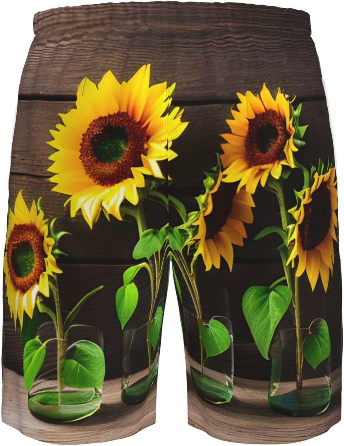 Mens Three Sunflowers On Wooden Print Beach Shorts,Casual Summer Shorts for Men,Quick Dry Polyester