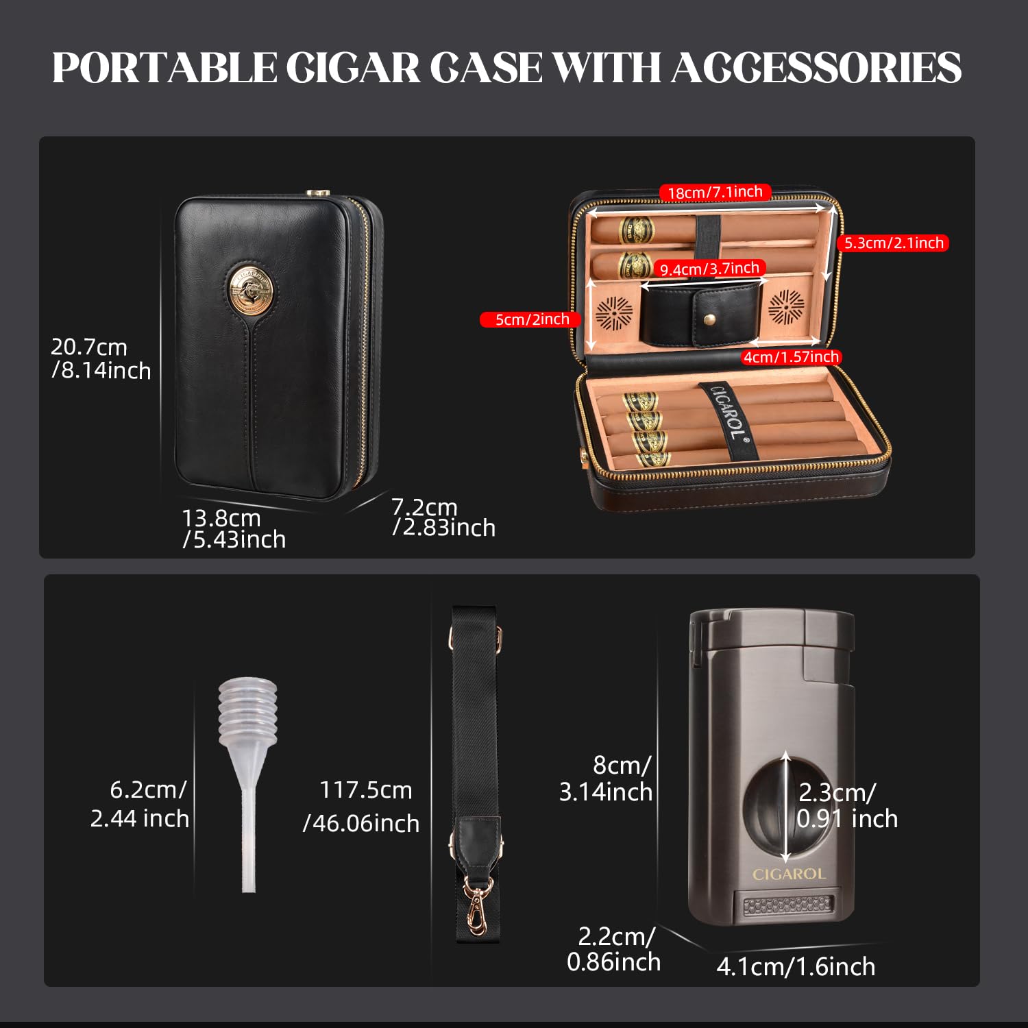 Boîte a Cigare, Étui a Cigare en Cuir avec Briquet, Cave a Cigare de Voyage avec Humidificateur pour 6 Cigares, Superbe Cadeau pour Hommes (Cigare Non Inclus)
