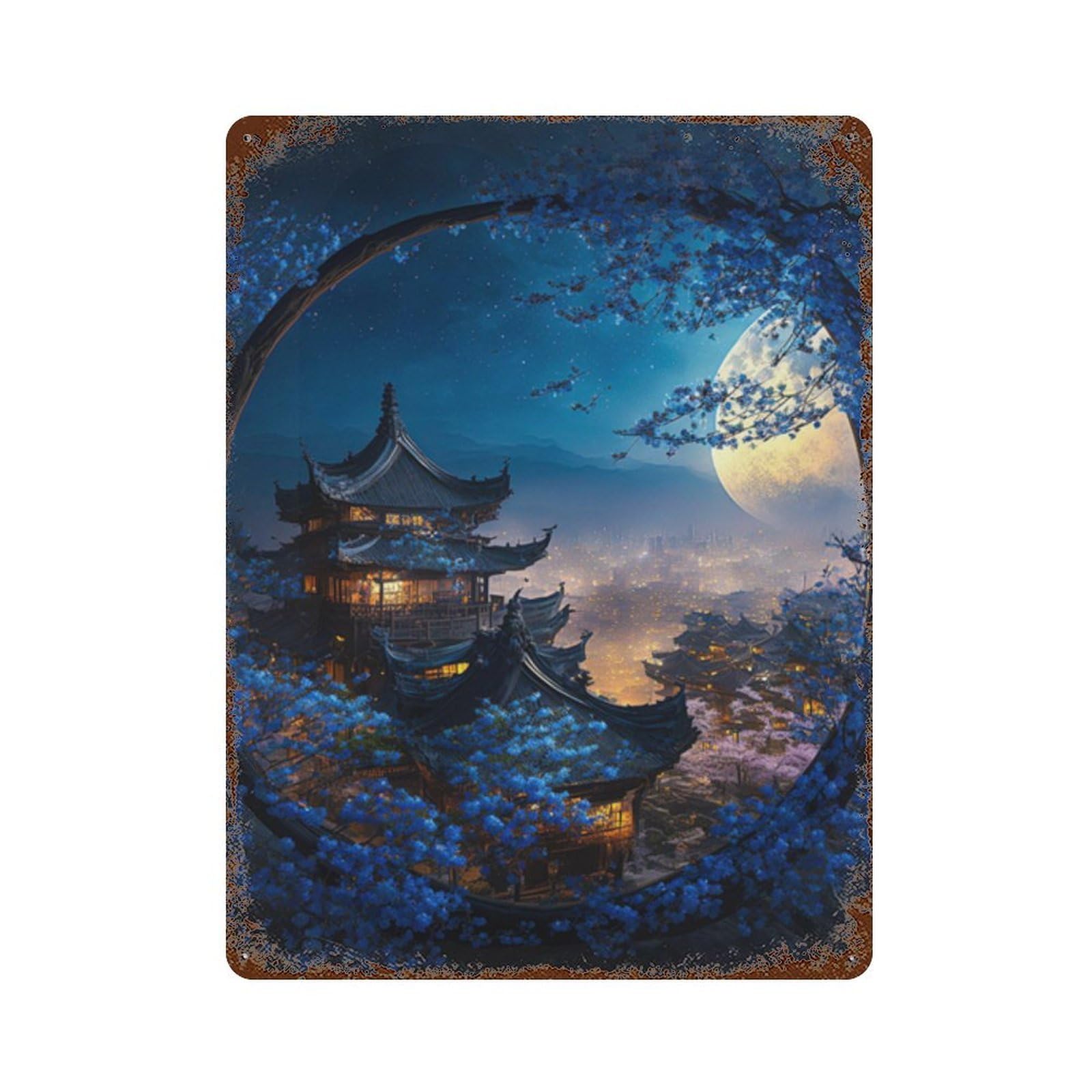 Rust Effect Cherry Blossom Moonlit Pagoda -6 Rusty Metal Tin Sign 15.7"x11.8", Industrial Home Decor for Living Room, Hallway And Home Decor