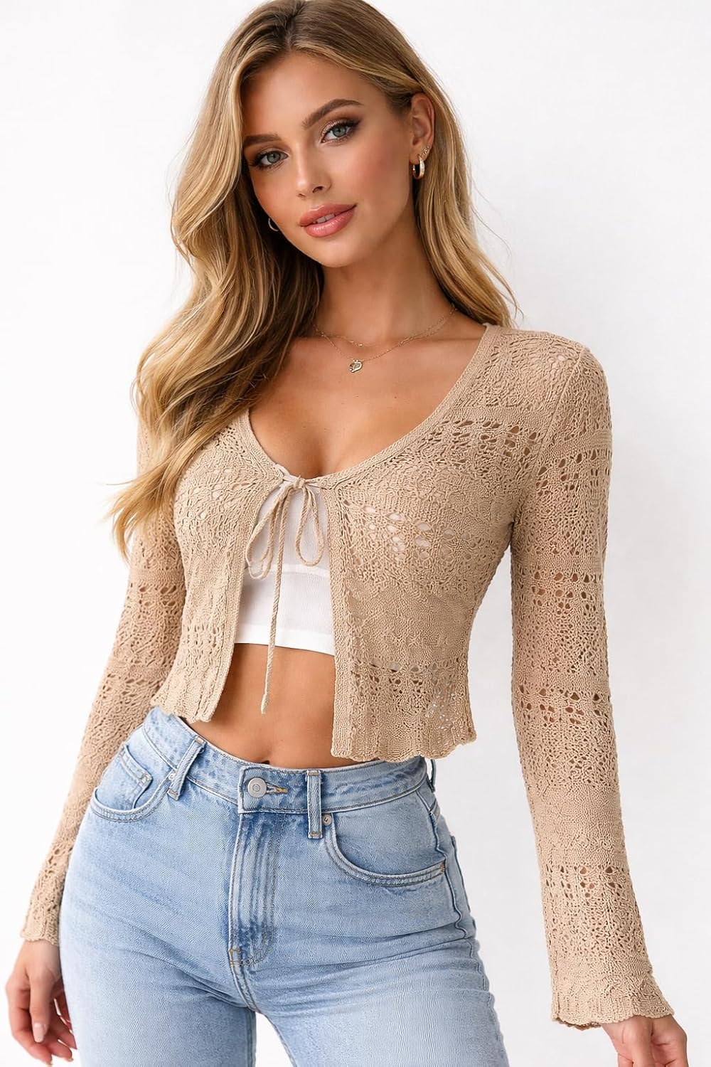 Crochet Cropped Cardigan for Women Boho Knit Tie Front Long Sleeve Summer Cover Up Cardigans - Image 4