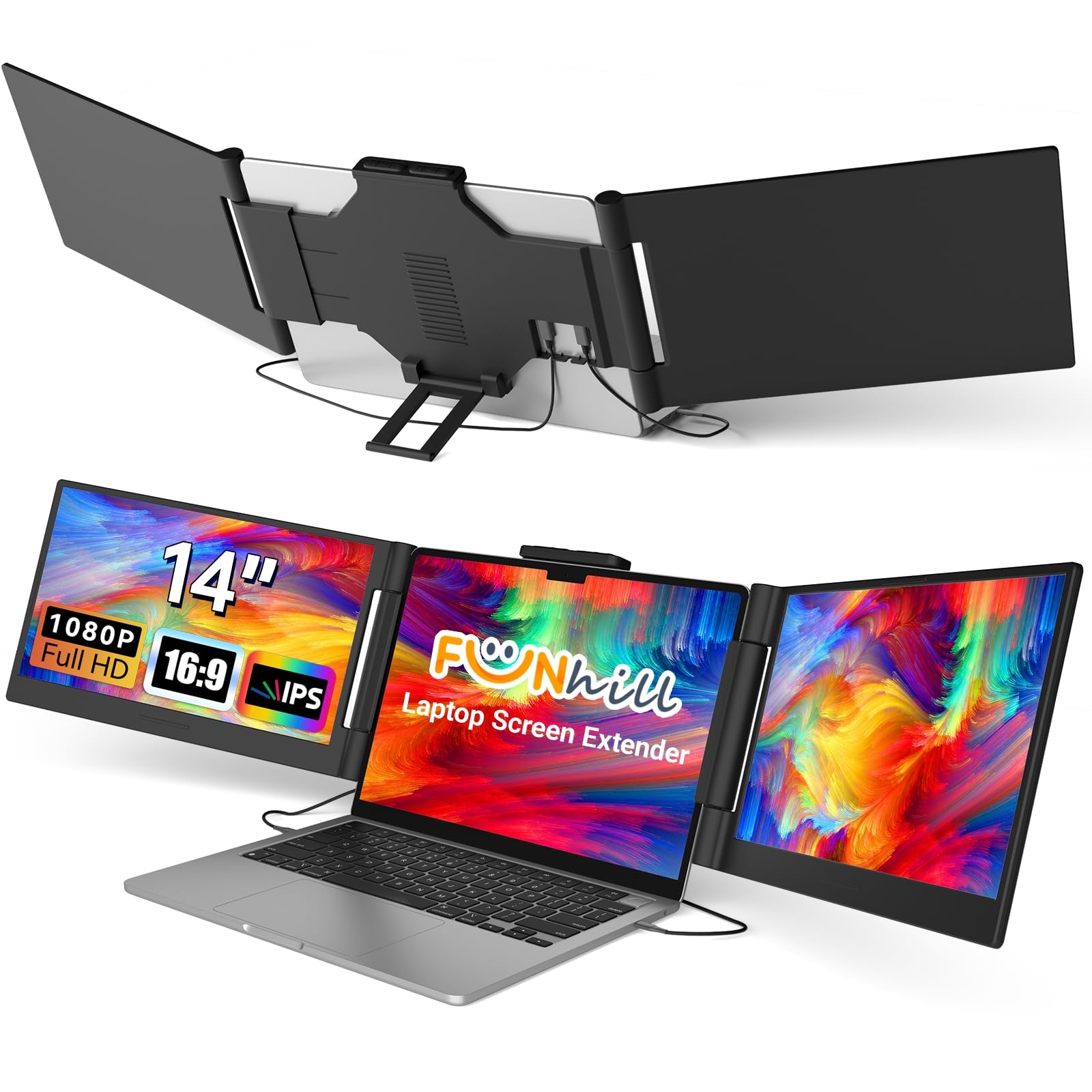 Funhill Laptop Screen Extender 14 inch Laptop Monitor Extender 1080P IPS, Triple Portable Monitor for Laptops 13-17.3" with Display/HDMI Port, Plug-Play Portable Screen for Windows/Chrome/Android - 2