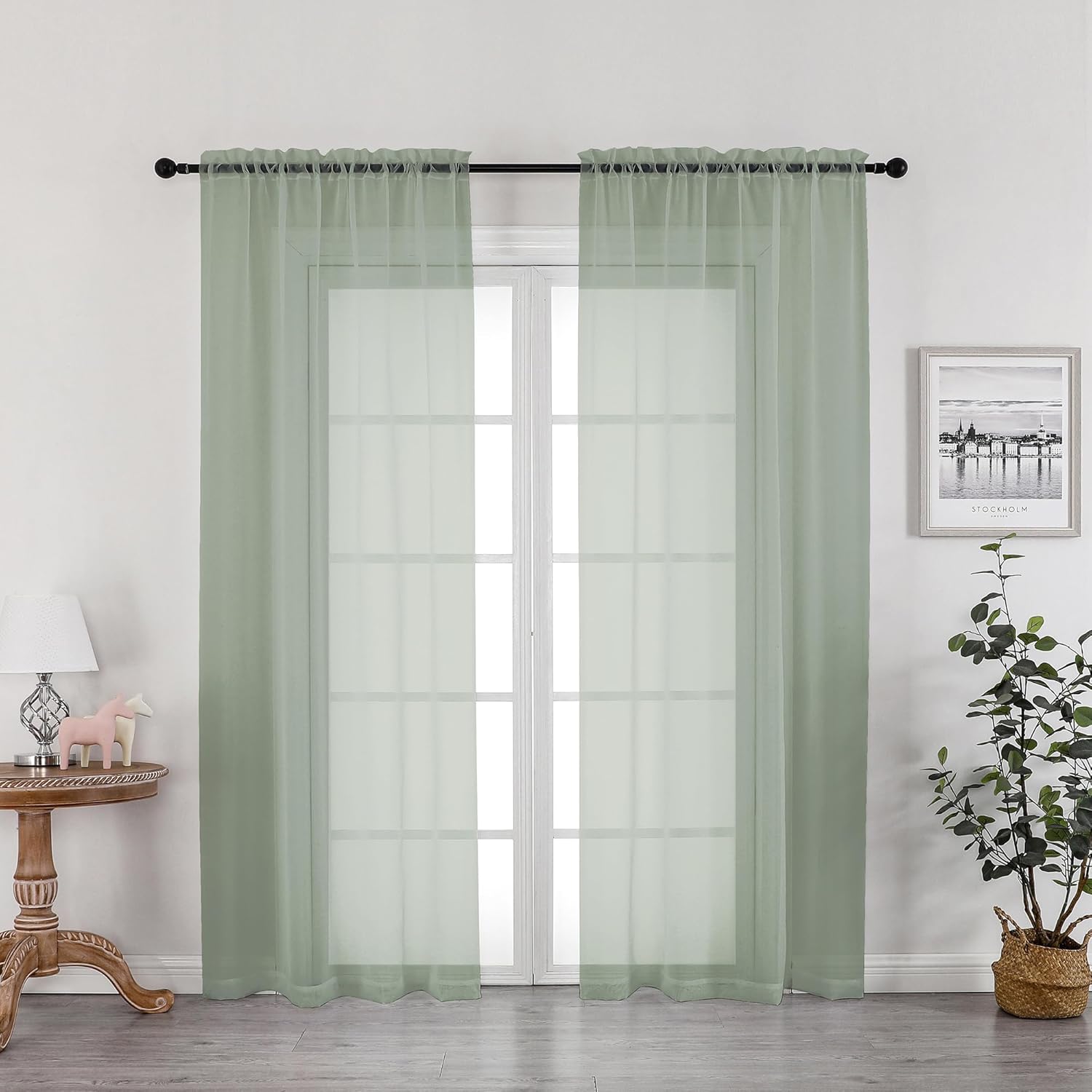 OWENIE Sage Green Sheer Curtains 72 Inches Long 2 Panels Set