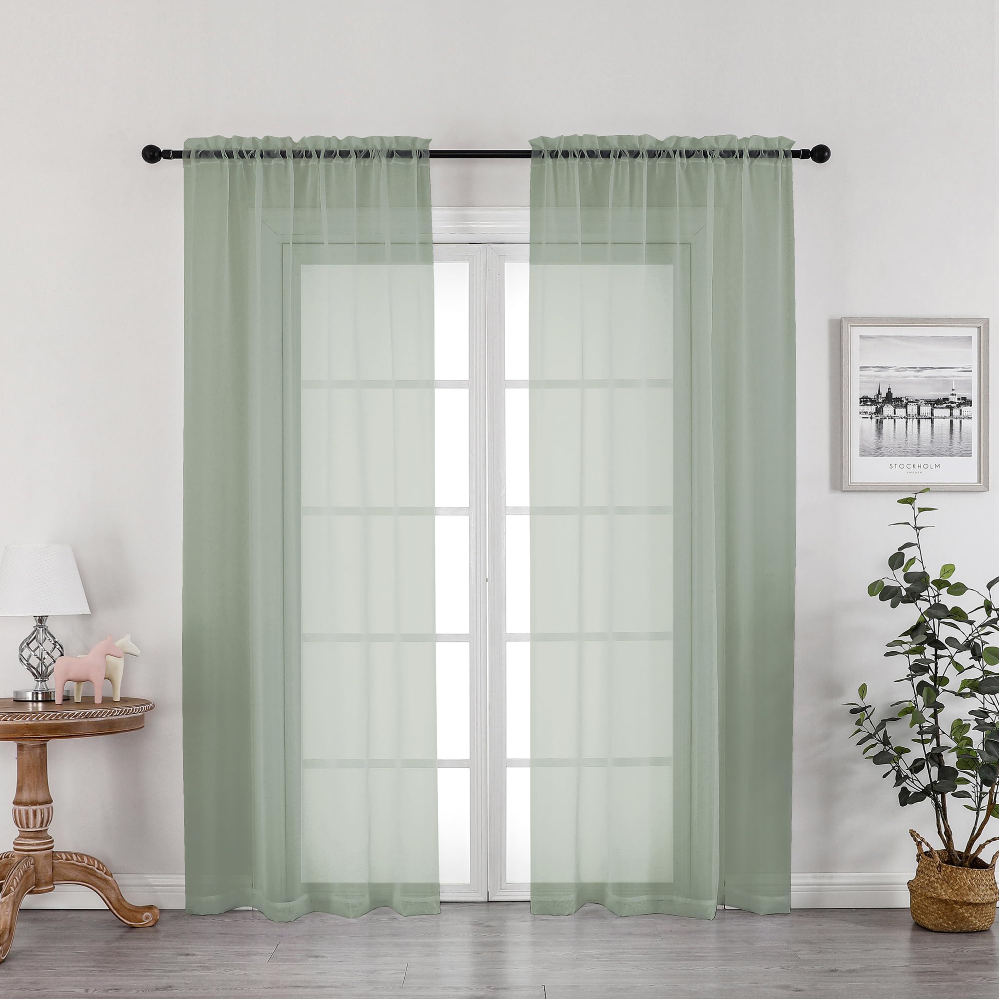 OWENIE Sage Green Sheer Curtains 72 Inches Long 2 Panels Set, Transparent Voile Sheer Curtain Rod Pocket Gauze Drapes for Living Room Bedroom Sliding Glass Door Treatment, 2 Pcs Each 42 x 72 Inch