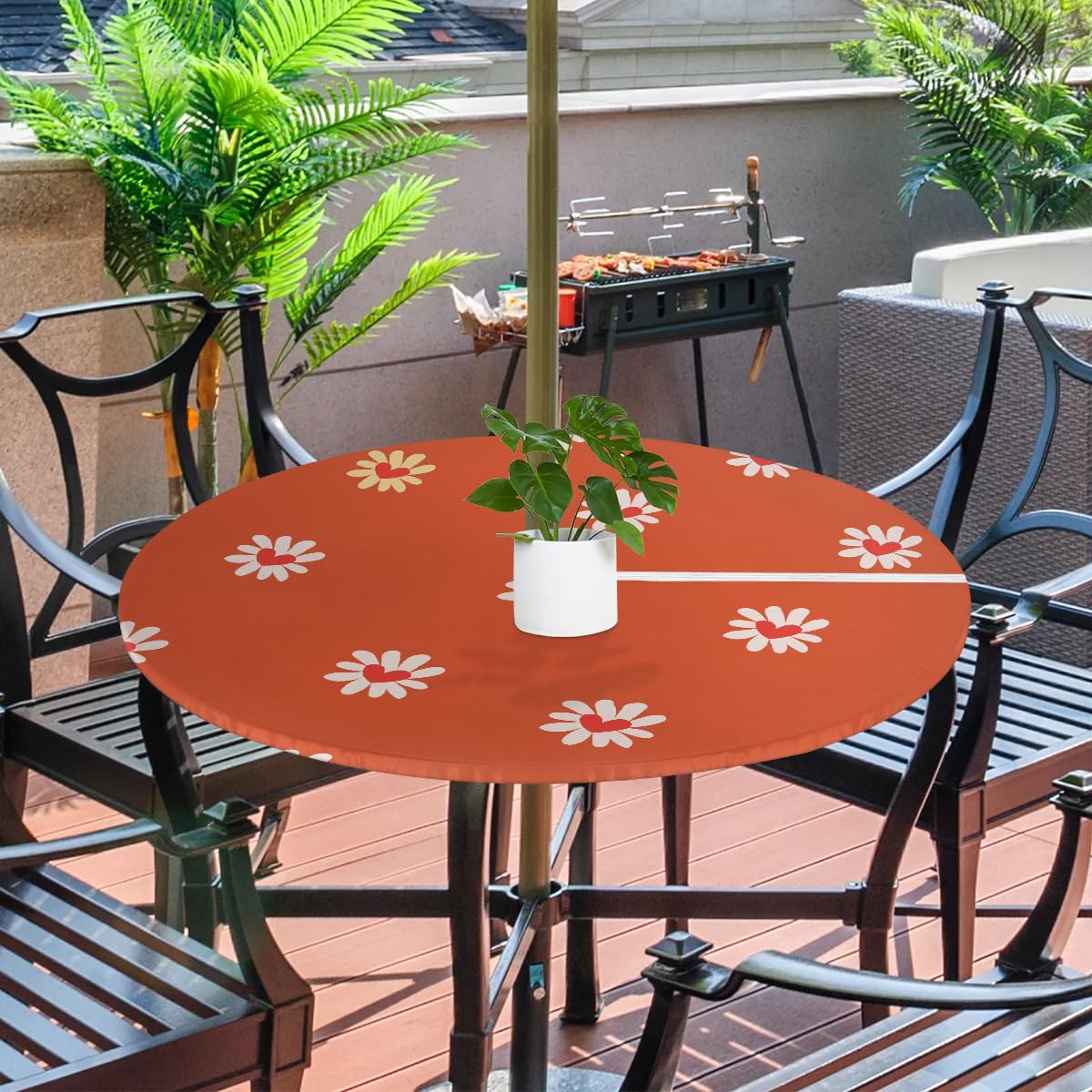 KOBLEN Sunflower Red Round Tablecloth with Elastic Umbrella Hole Outdoor Fitted Tablecloths Waterproof Table Cover Vinyl Round Table Cloth for Picnic Patio Garden(45-56