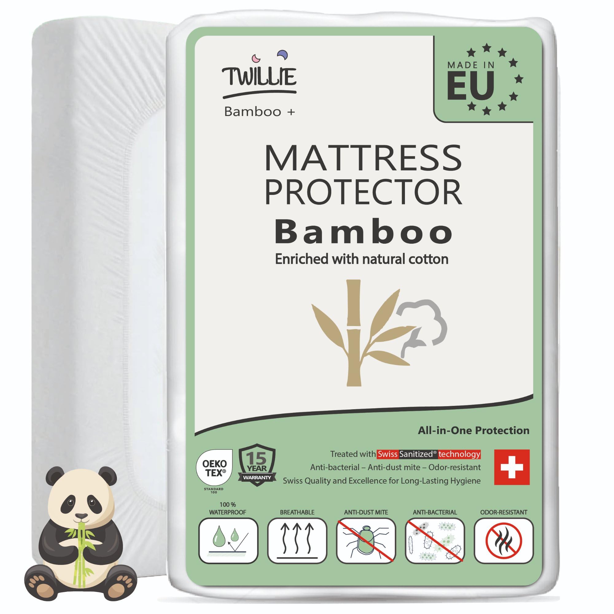 Twillie White. Bamboo Mattress Protector 90 X 220 Cm – Superior Quality – Waterproof & Breathable – Enriched With Natural Cotton, Swiss Sanitized Treatment, Anti-Dust Mite, Antibacterial, Anti-Odour – Made