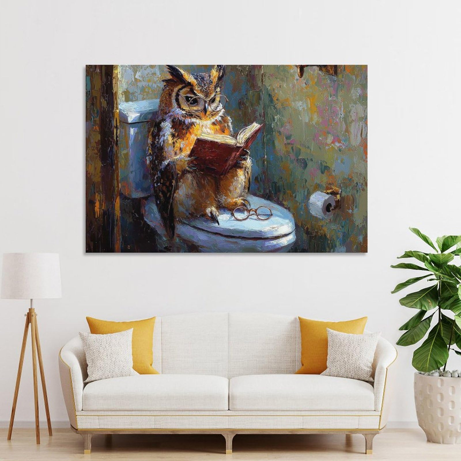 Junmoney Owl Reading on Toilet Wall Decor Canvas Print 24x36inch(60x90cm), for Lounge, Study, Hallway Or Flat Walls, Decorative Artwork with Broad Appeal