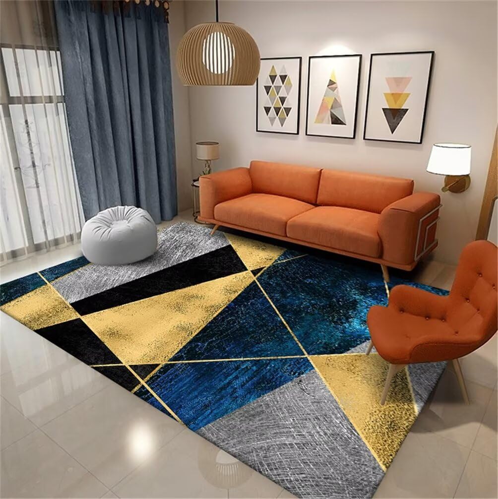 Tapis de sol salon 90x180cm doux bleu et jaune moderne à motif géométrique