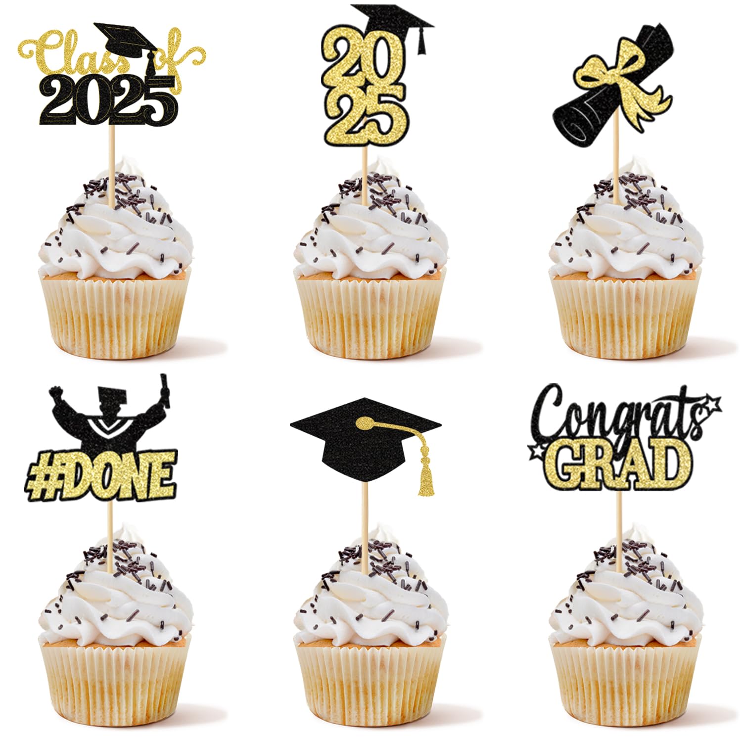 Class of 2025 Graduation Cupcake Topper - Celebrate Graduation Day with Tindobewan Glitter Congrats Grad Cupcake Picks Decorations(24Pcs,Black with Gold) S1