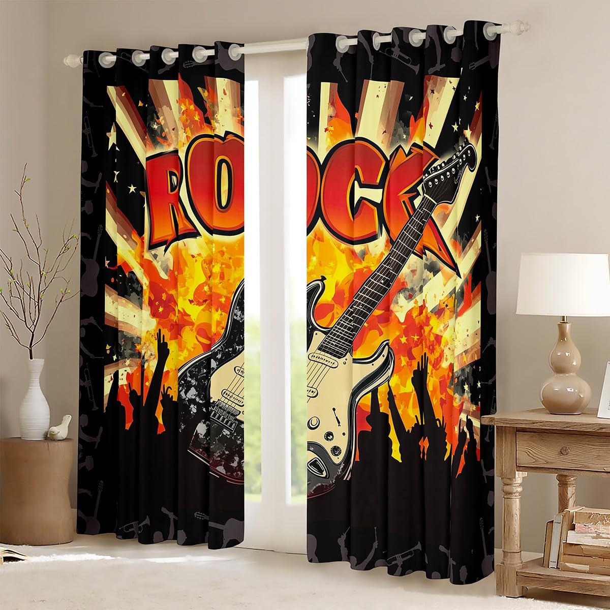 Tende per finestre con chitarra elettrica, stile hippie, per ragazzi e ragazze, con musica rock, decorazione per la casa, tende per finestre a fiamma, per soggiorno e camera da letto, 167 x 228 cm