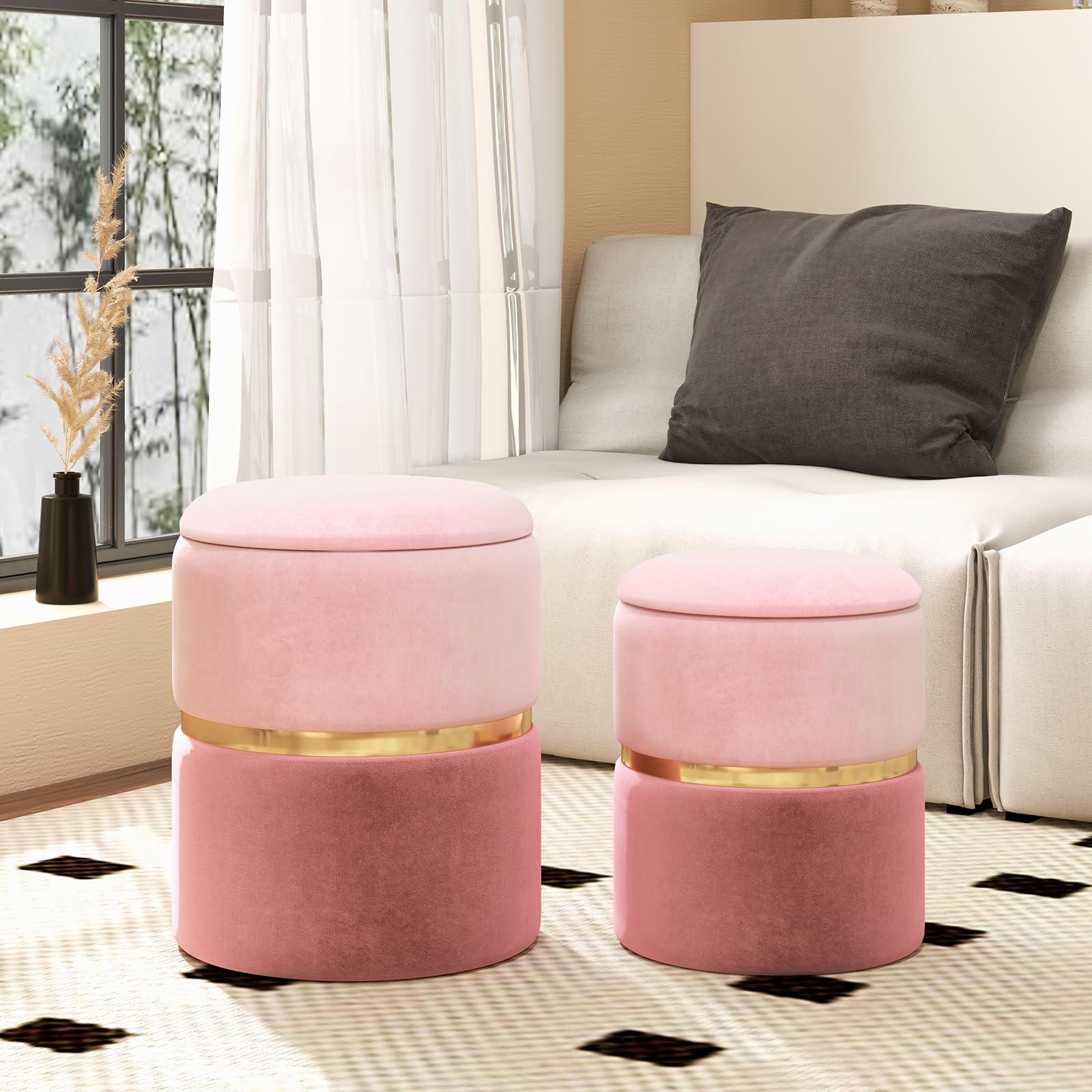 GIANTEX Juego de 2 Otomanas de Terciopelo, 2 Taburetes Tapizados 30 cm y 35 cm, Espacio de Almacenamiento, Taburetes Reposapiés para Entrada, Salón, Dormitorio (Rosa)