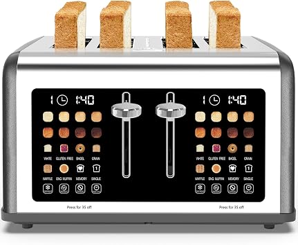 4 Slice Toaster Touch Screen, Stainless Steel Toasters Digital Timer, Dual Control Panel Toasters, 8 Shade Settings 6 Bread Types for Bagel, Cancel, Defrost 1650W Grey