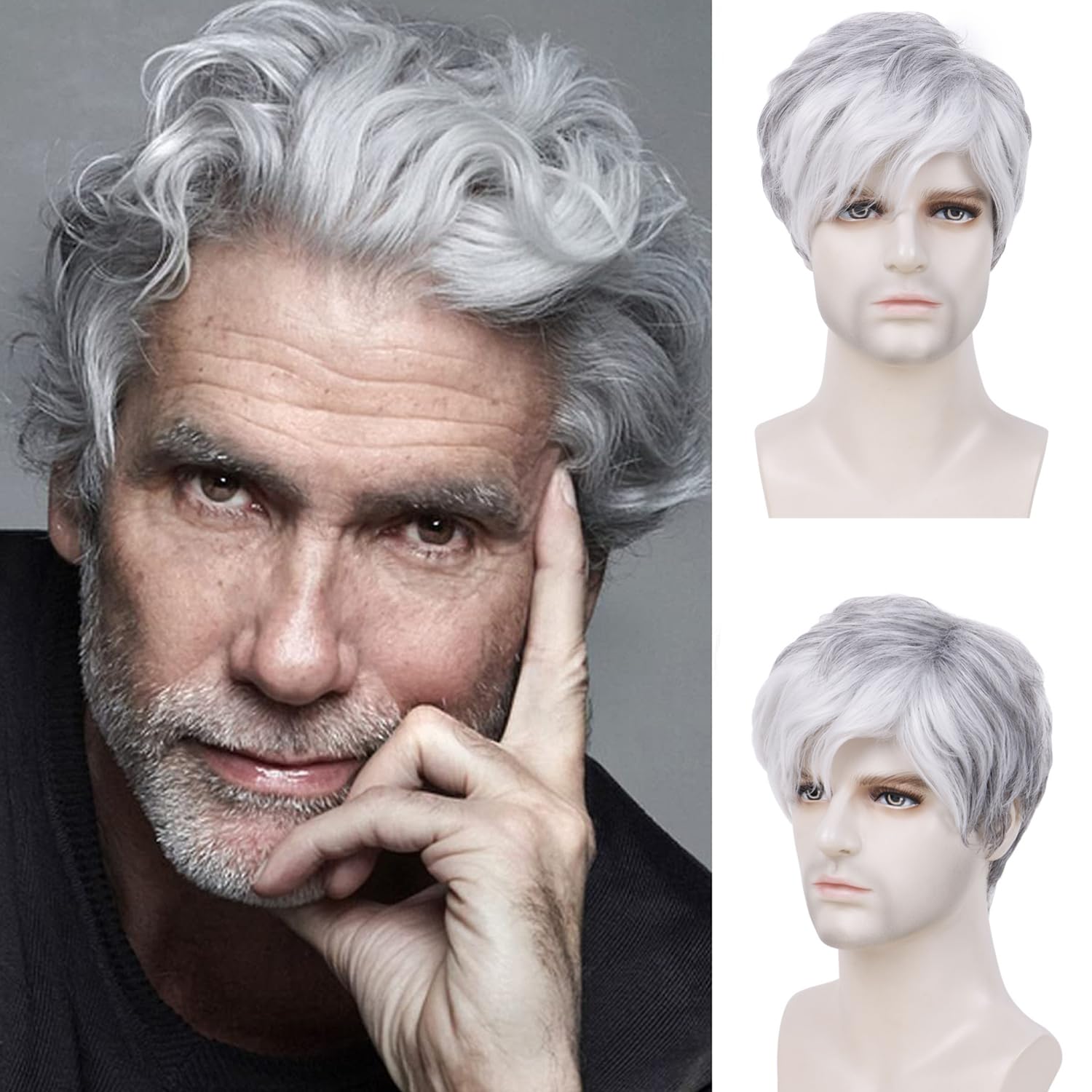 Perruque Courte Pour Homme Cheveux Humains Blanc Et Gris Naturels - Modèle THIERRY Taille 51 - Neuf