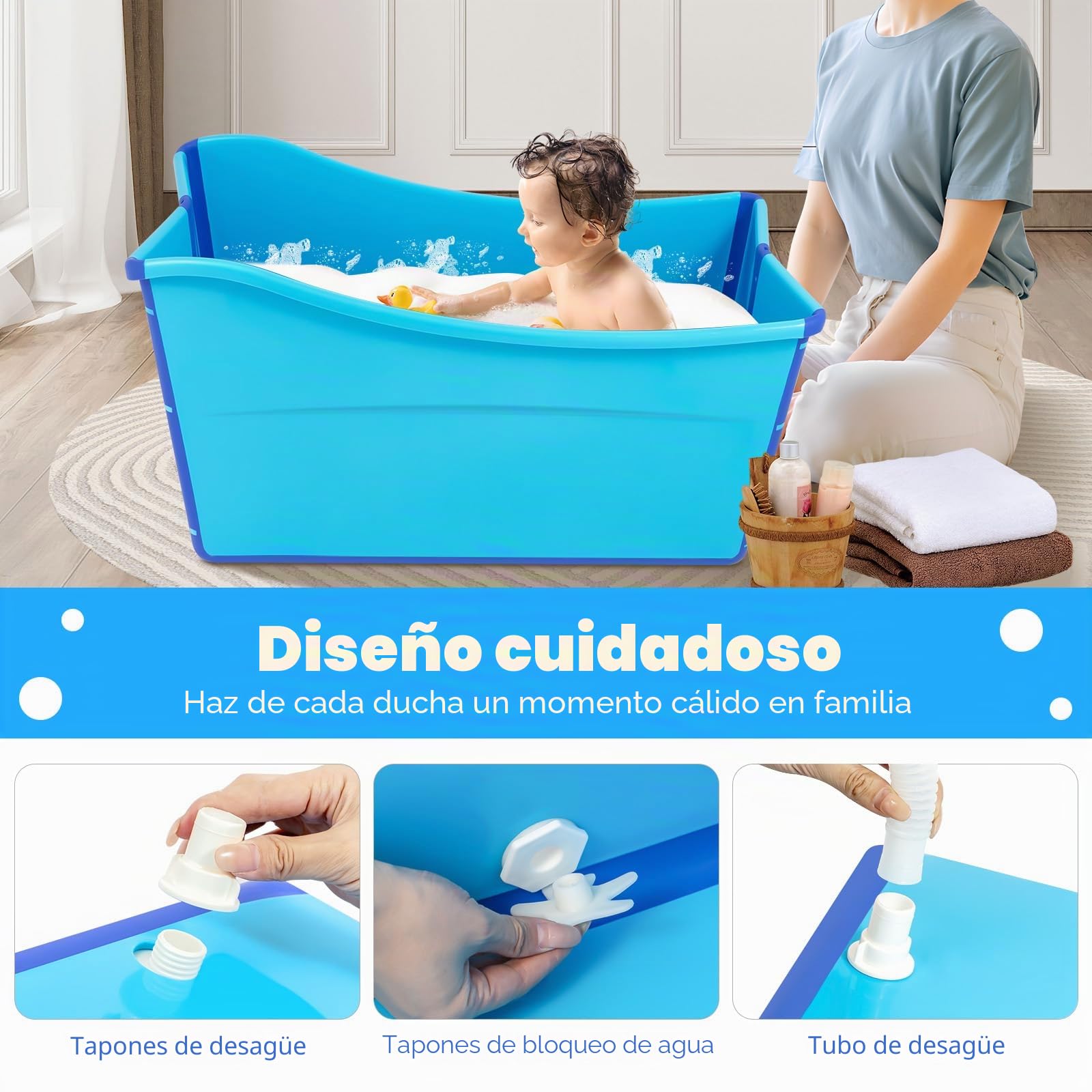 Bañera plegable para adultos, plegable, construcción ligera, resistente, fácil de guardar Gran familia para ducha SPA, menos de 1,6 m personas, capacidad de carga 90 kg, azul