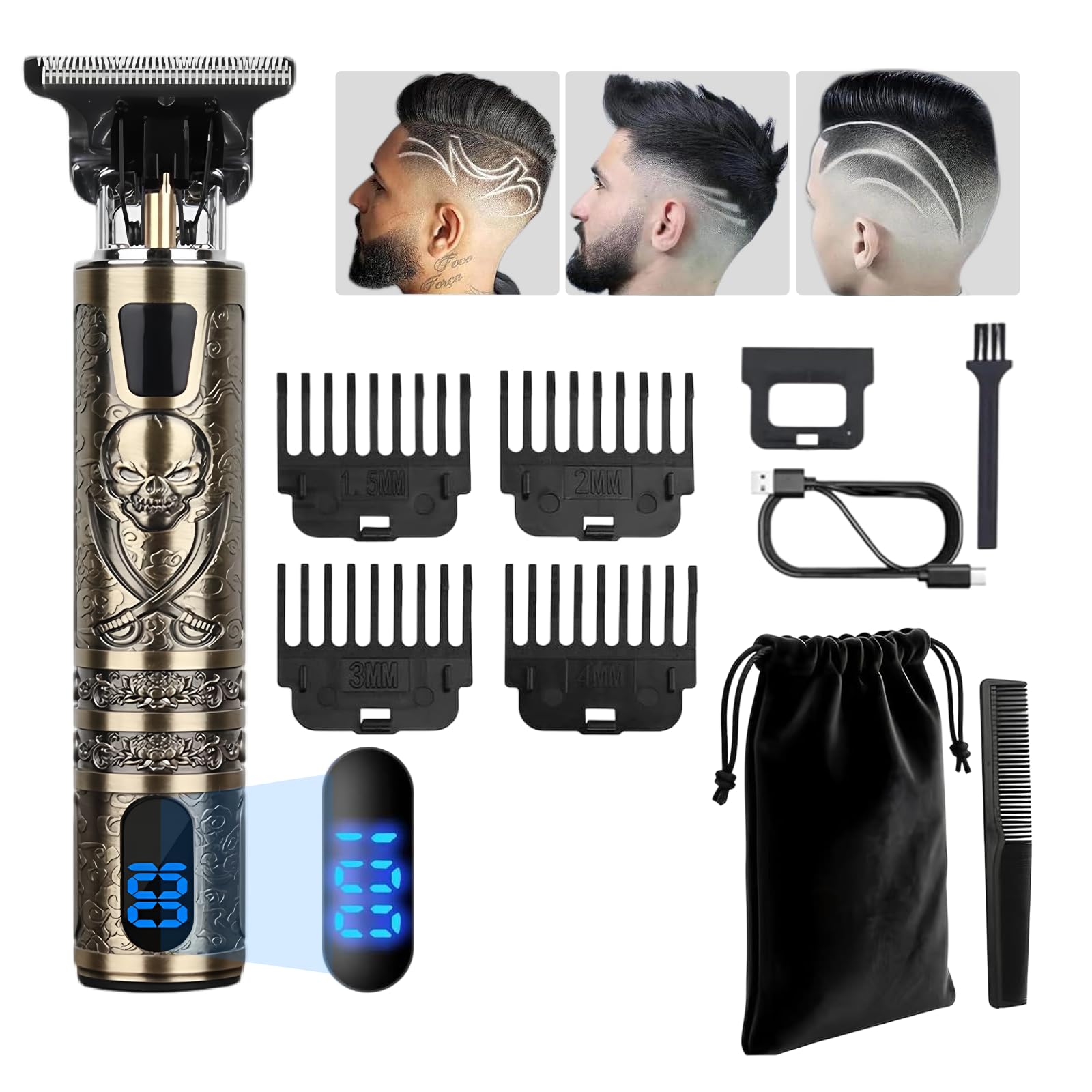 Yhfesh 電動バリカン ヘアカッター セルフカット プロ仕様 バリカン ヘアトリマー 静音 高炭素ステンレス刃 0.1mm 超薄刃 コードレス ガイドコーム 4 種付 1.5-4mm対応 収納ポーチ付 LED 電量表示 USB 充電 長時間使用 メンズ 子供 ペット対応 家庭用 サロン級 初心者向け ファミリーカット (1)