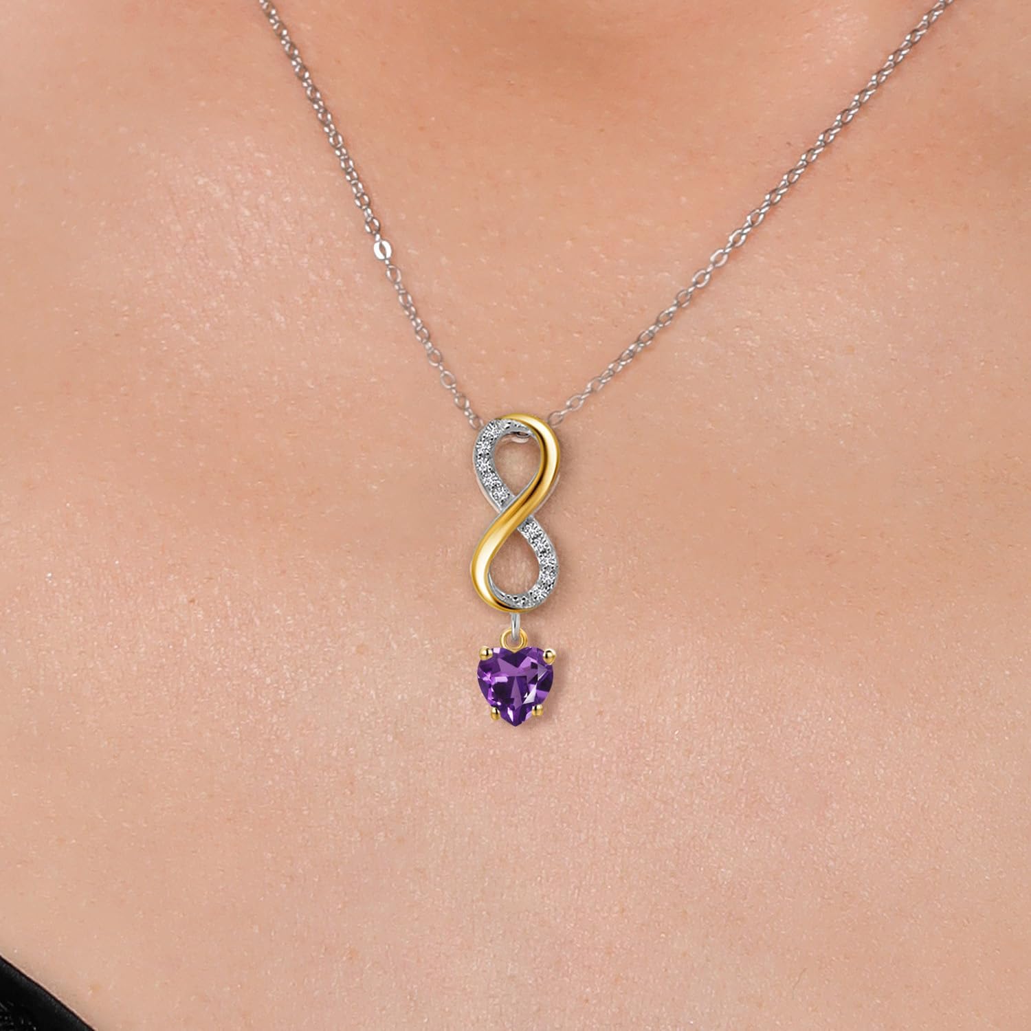 Gem Stone King 925 Silver and 10K Yellow Gold Purple Amethyst and Lab Grown Diamond Pendant Necklace for Women | 0.92 Cttw | Gemstone February Birthstone | Heart Shape 5MM | With 18 Inch Silver Chain - Image 3