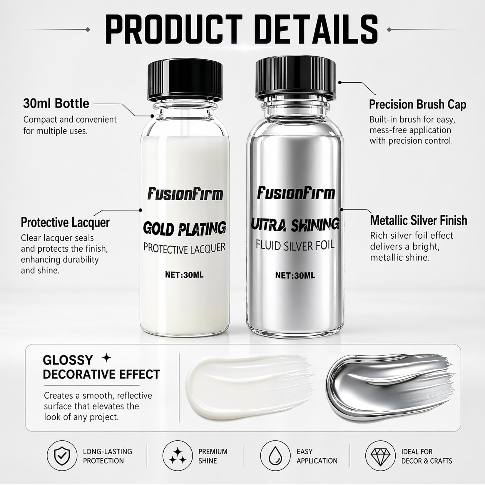 Flüssiges Silberblatt-Lack Set, alkoholbasierter Metallic-Silberlack mit Hochglanz-Versiegelung, schnelltrocknende Silberbeschichtung für Bastelprojekte, DIY und Resin-Arbeiten, 2x30ml