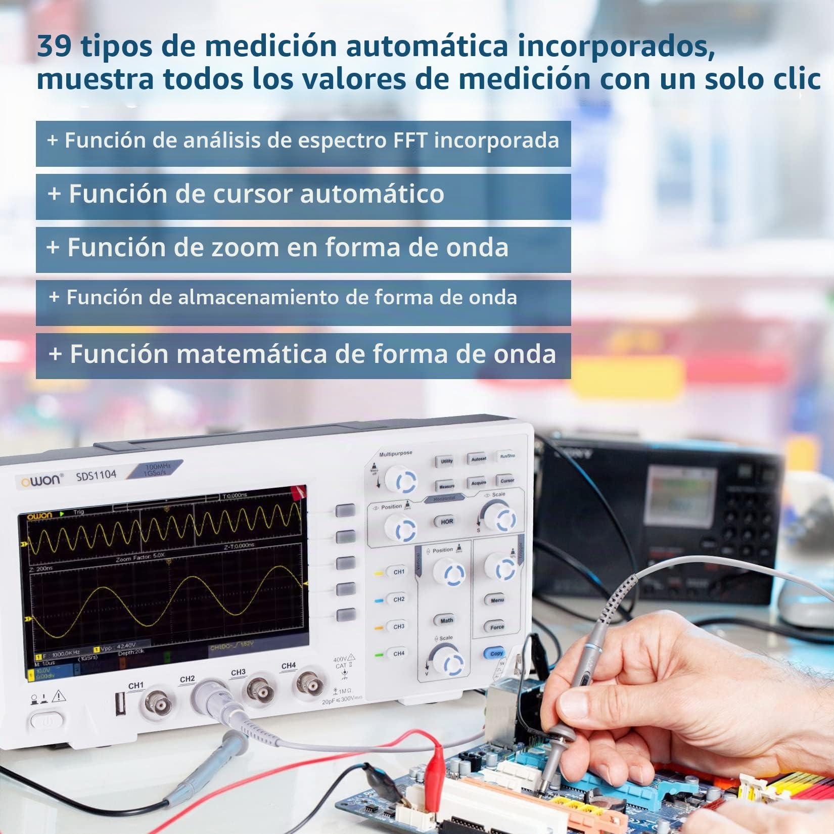 OWON Osciloscopio digital SDS1104 de 100 MHz, decodificador estándar de 1GS/s de 4 canales, osciloscopio de almacenamiento digital LCD de 7 pulgadas compatible con SCPI, y LabVIEW