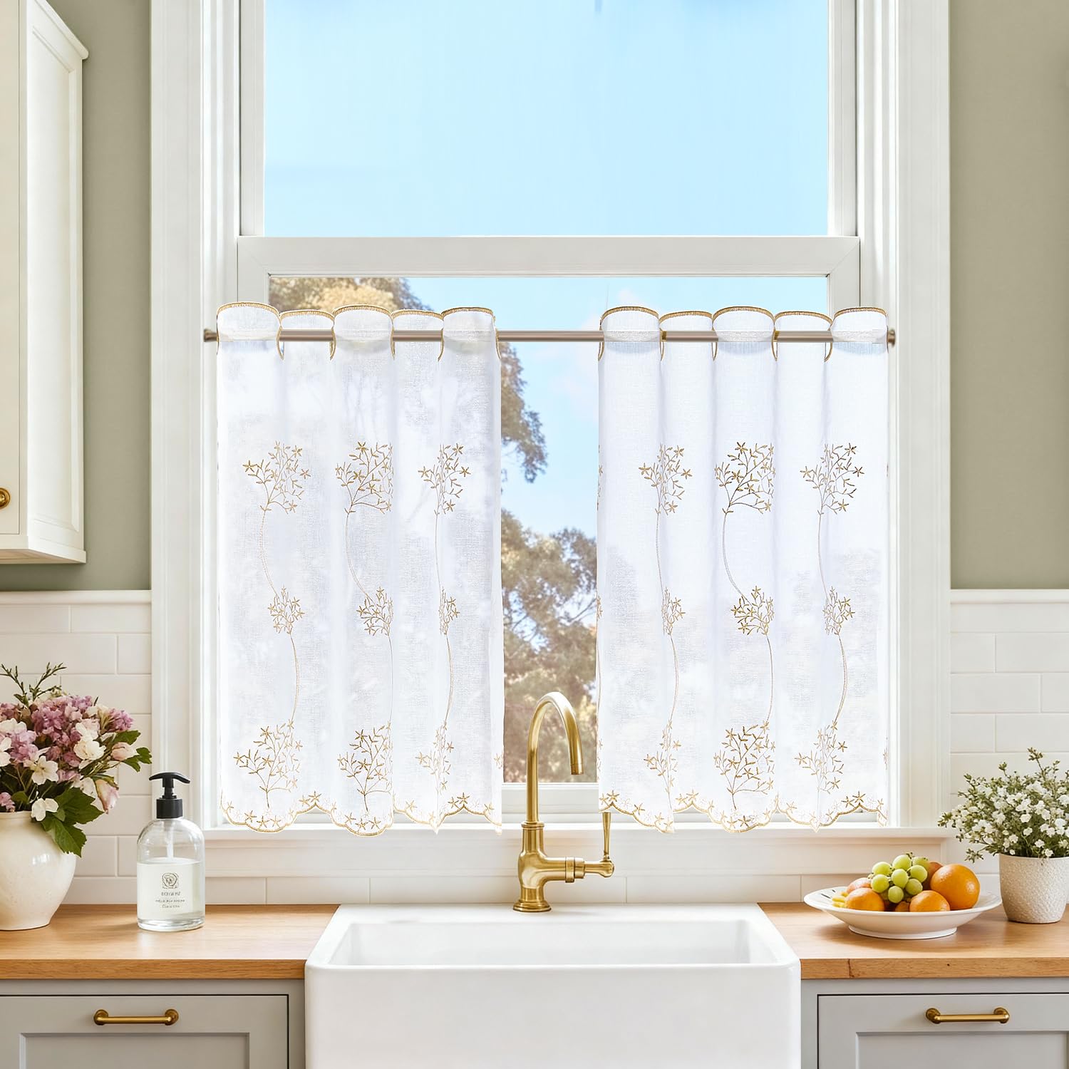 TOPICK Scheibengardine Küche lichtdurchlässig Bistrogardine Wohnzimmer modern Küchengardinen Gardine Schals Fensterschal Kurzgardine für Küche Küchenfenster Landhausstil