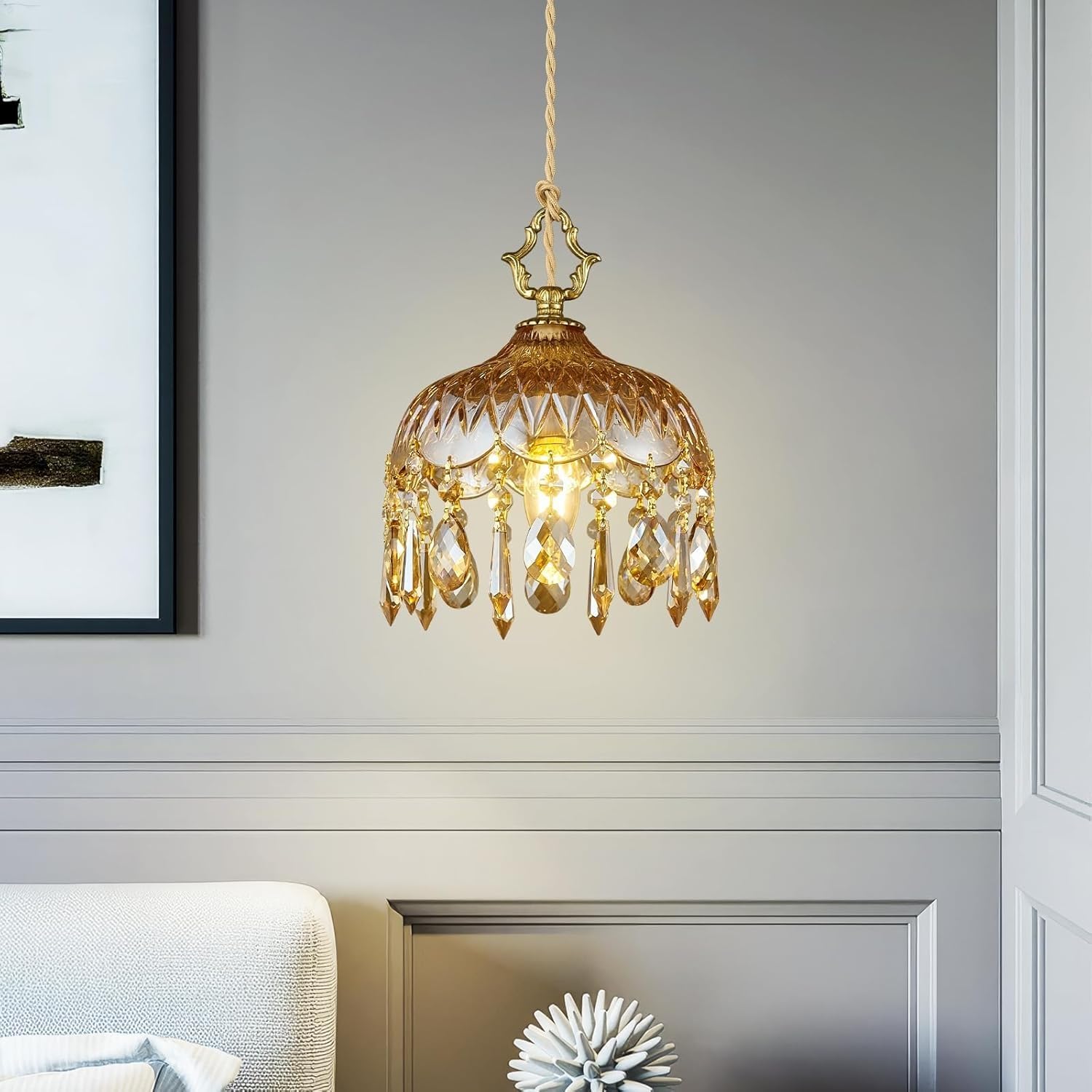 AroimRex 3-Light Pendant Light with Clear Glass Lampshade Vintage Chandelier E27 Base Crystal Hanging Light Fixtures for Kitchen Island Living Room Dining Room Adjustable Bedside lamp
