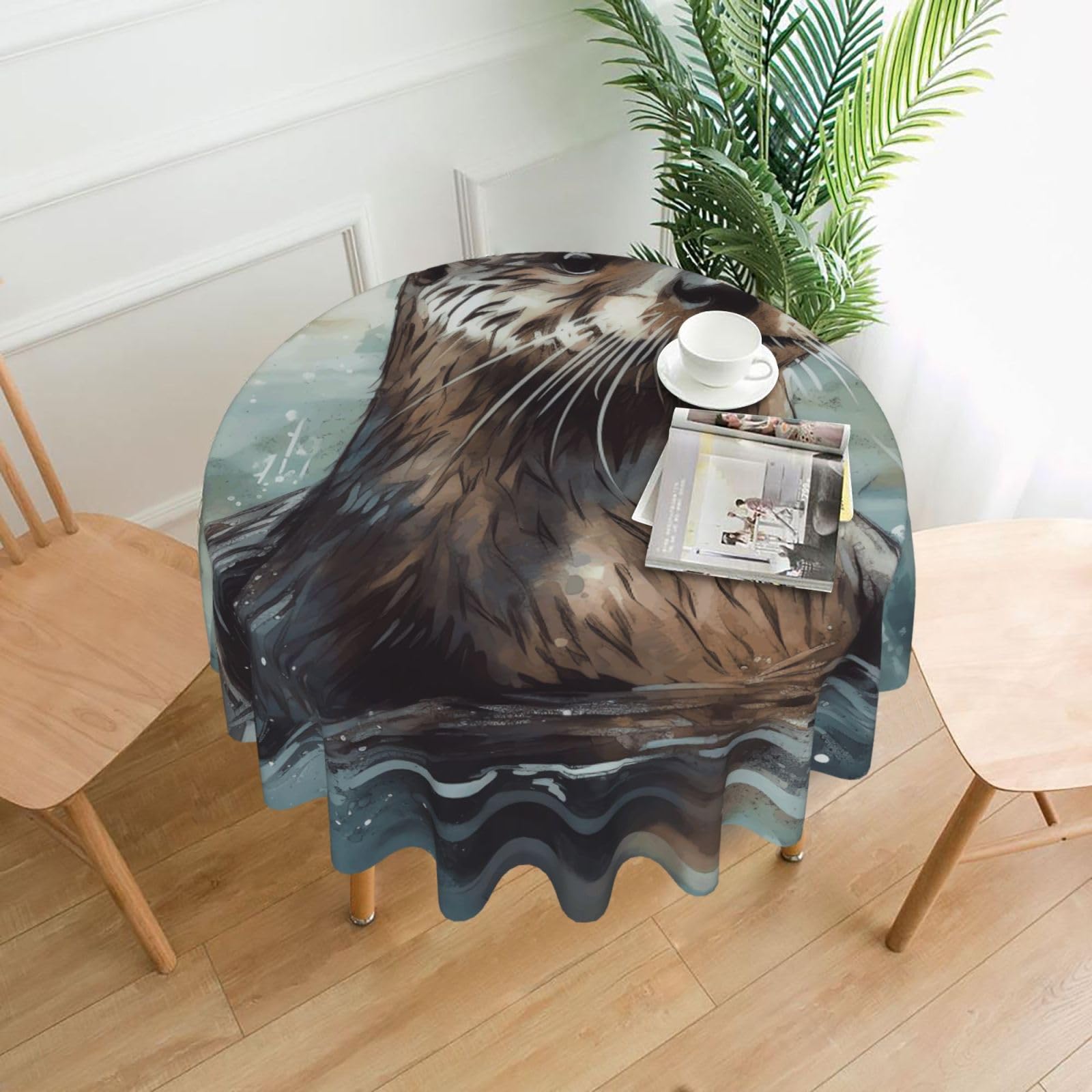 QMKFWT Hand Drawn Otter Printed Round Tablecloth,Dust-Proof Wrinkle Resistant Table Cover Washable Polyester Table Cloth for Kitchen Dining Room Farmhouse Picnic Indoor Outdoor(Round 60 Inch)