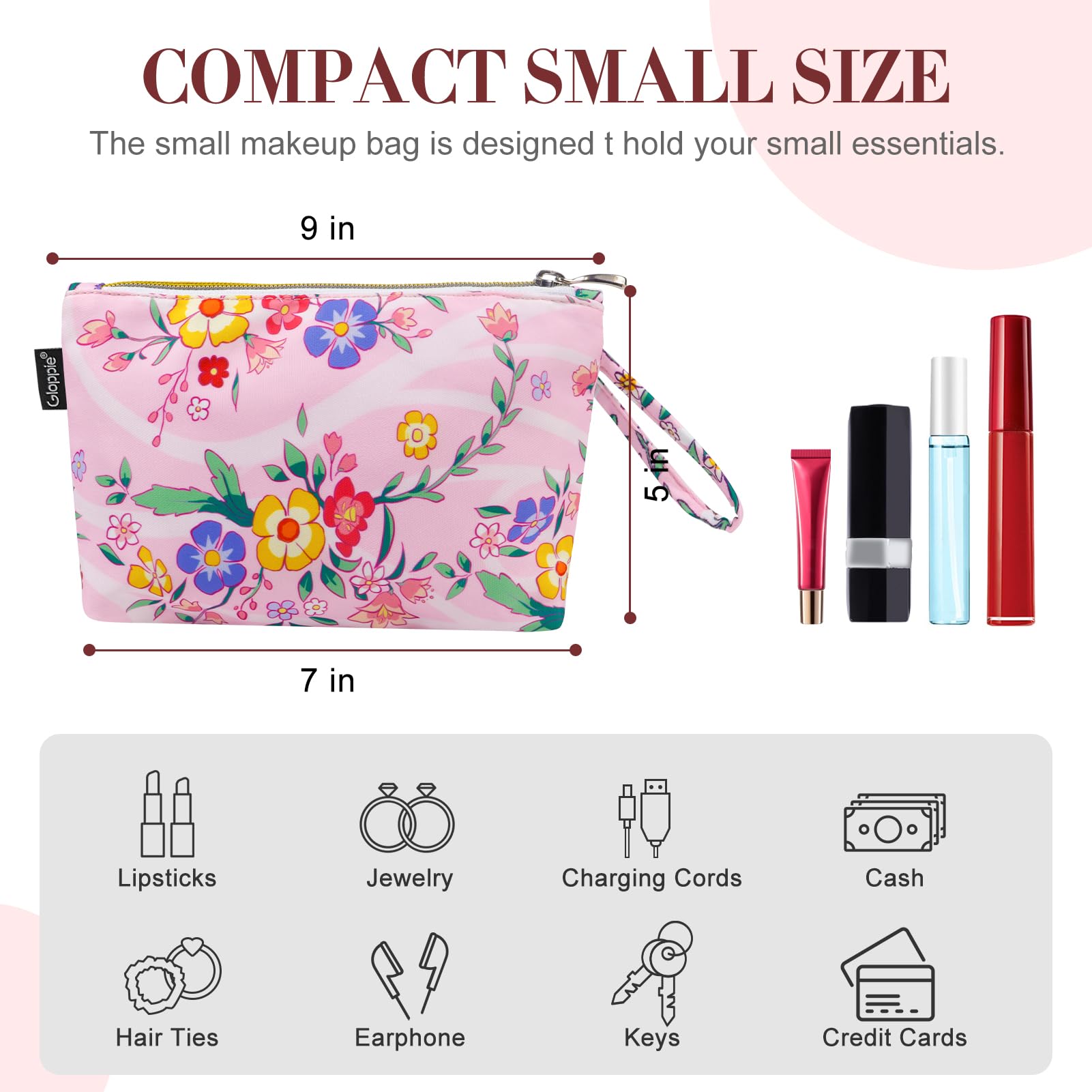 Gloppie Make up Bag Small Makeup Bag Cosmetic Bags Jewellery Pouches Gifts for Women, Pink Flower, Standard - Image 2