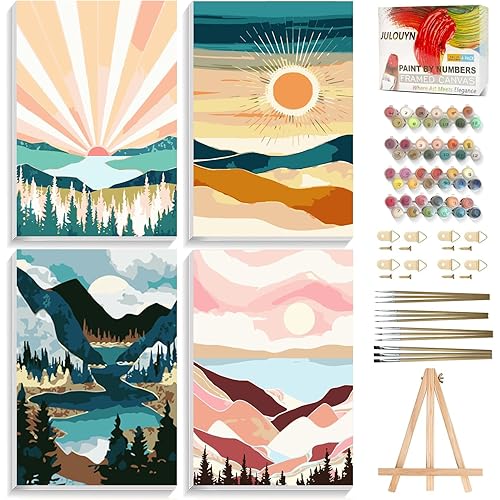 JULOUYN 4 Pack National Park Paint by Numbers Kit for Adults with Framed, Sunset Sunrise Mountain Easy Paint by Number Kits On Canvas with Wooden Easel, Painting by Numbers for Beginner Gift 8x12 in