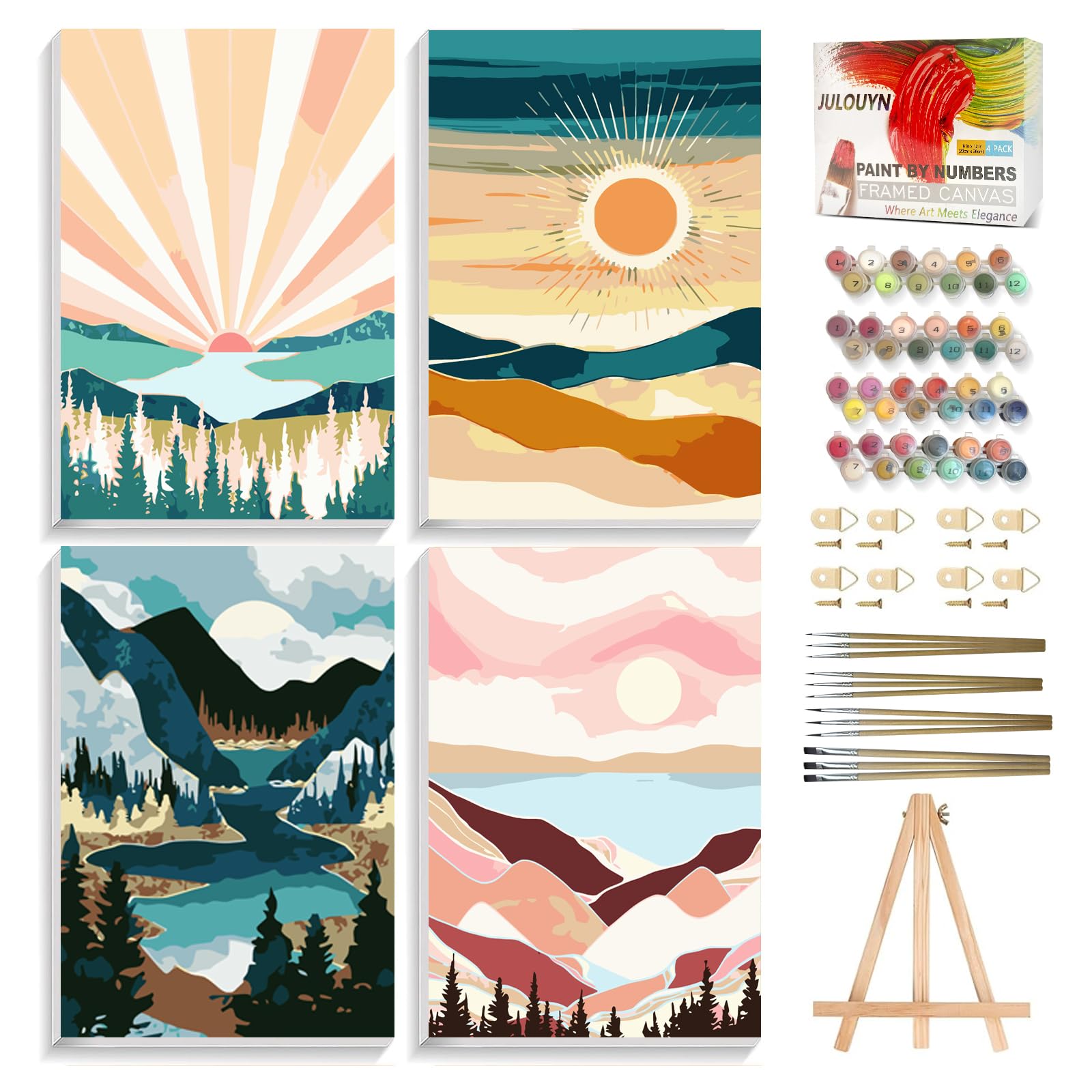 JULOUYN 4 Pack National Park Paint by Numbers Kit for Adults with Framed, Sunset Sunrise Mountain Easy Paint by Number Kits On Canvas with Wooden Easel, Painting by Numbers for Beginner Gift 8x12 in