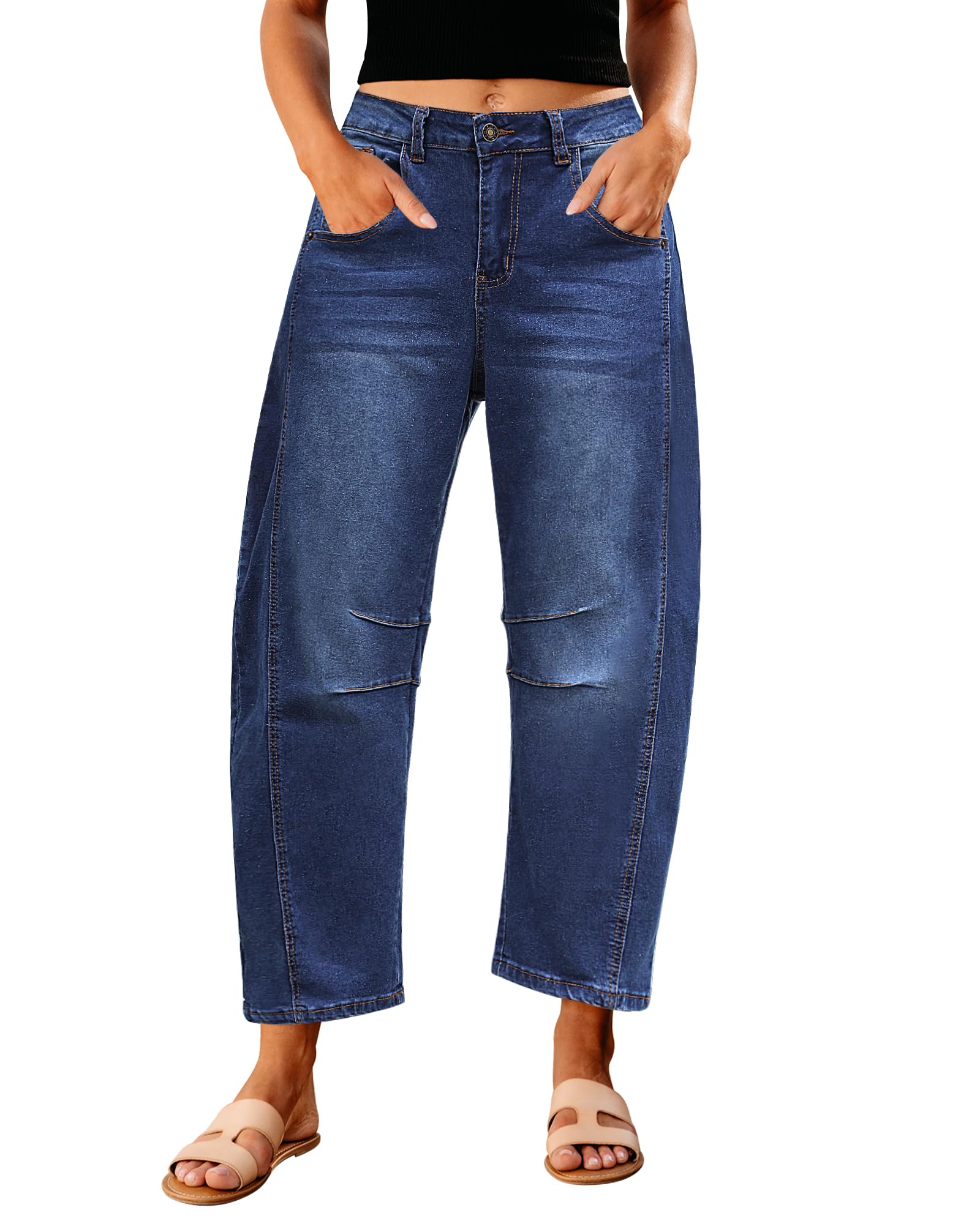 GRAPENT Barrel Jeans for Women Trendy High Waisted Wide Leg Baggy Cropped Relax Fit Stretch Denim Trouser Ankle Pants