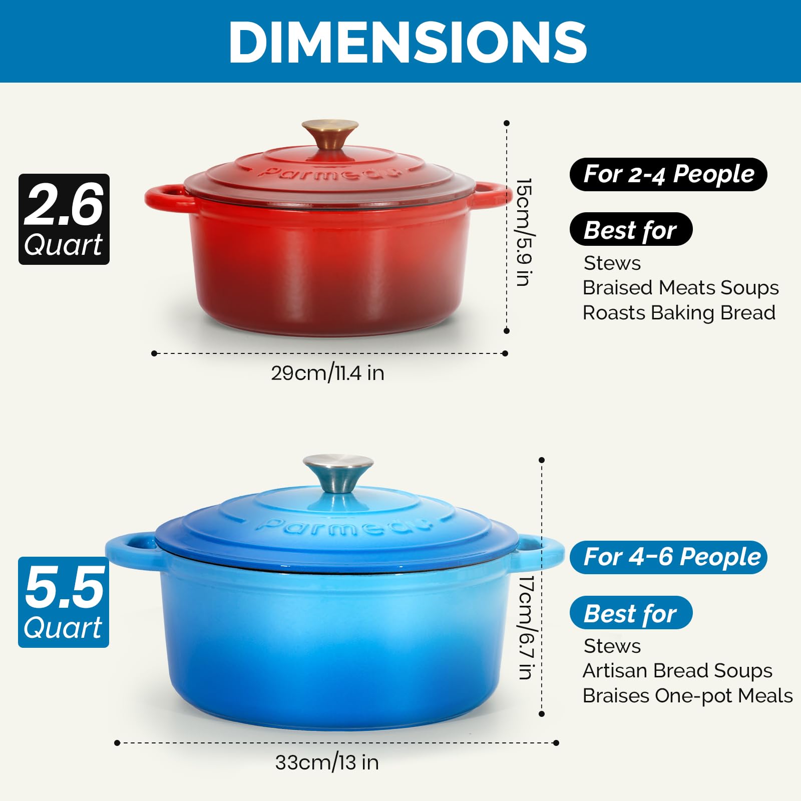 Parmedu Horno holandés de hierro fundido esmaltado, olla de 5.5 cuartos de galón con tapa, doble asa, utensilios de cocina resistentes para estofar, guisos, asar, hornear pan, azul océano