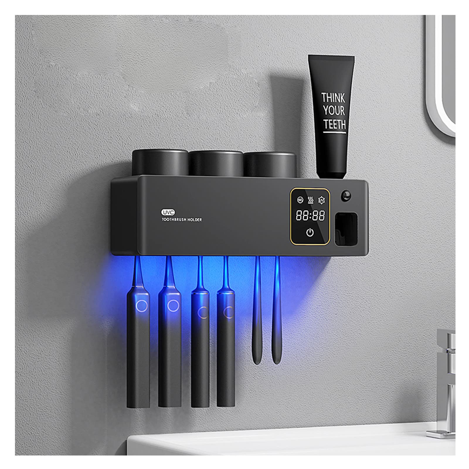 Porta Spazzolino Elettrico, Porta Spazzolino Parete, Porta Spazzolini Bagno, Sterilizzatore per Funzione di Asciugatura Multifunzione Ricaricabile USB, Nero