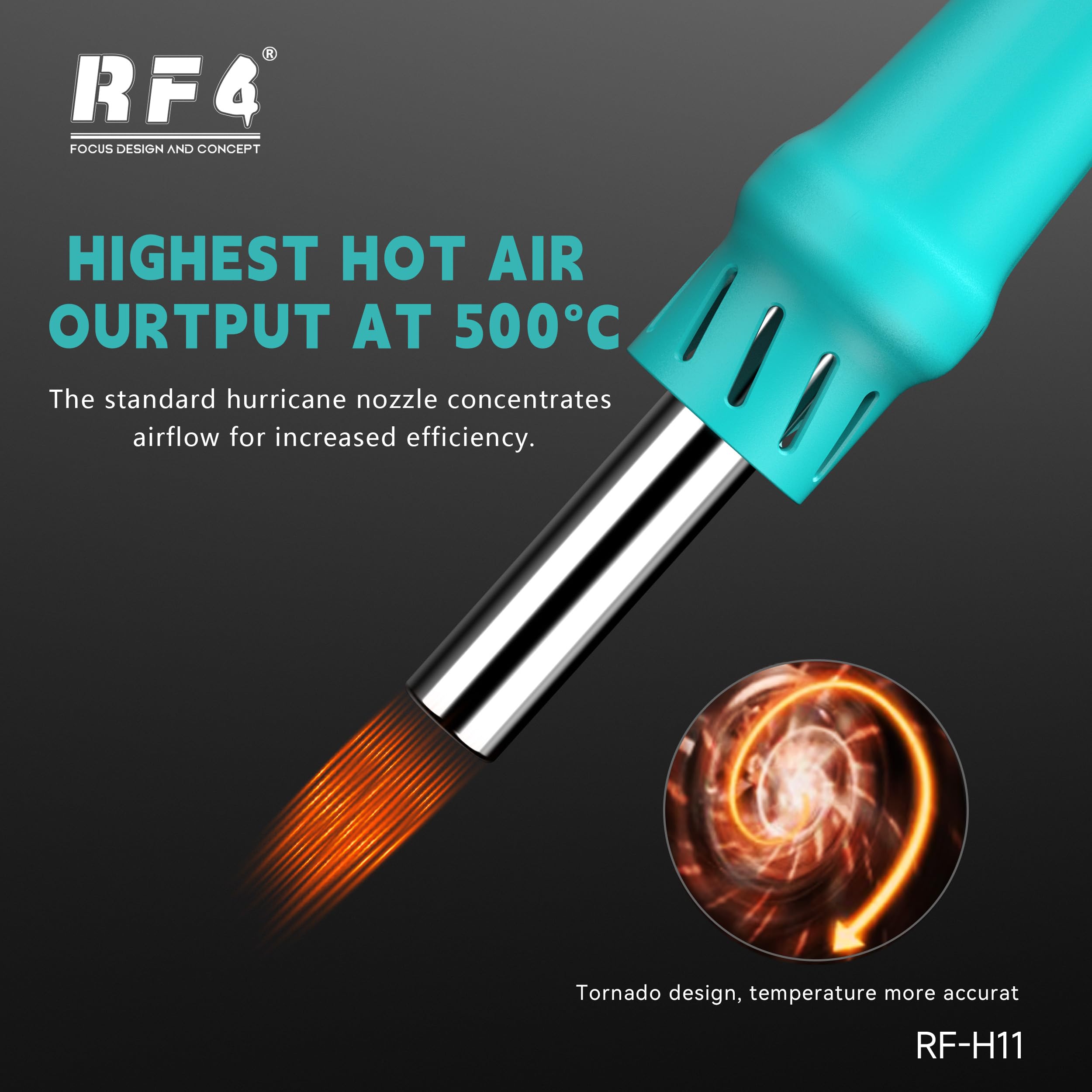 Pistola de aire caliente integrada RF-H11 con base de reposo, hasta 500°, pantalla LCD de aire caliente, ajuste de viento de 10 niveles, reparación de soldadura de PCB y CI