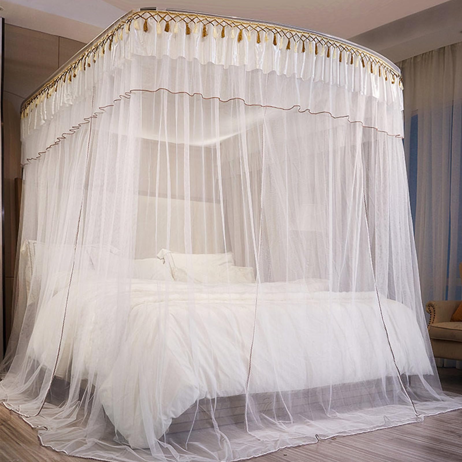 SARKEY U-Shaped Rail Bed Canopy Curtain,for Girls Women Adults Bedroom Decoration(WH,200x220x210cm(79"x87"x83"))