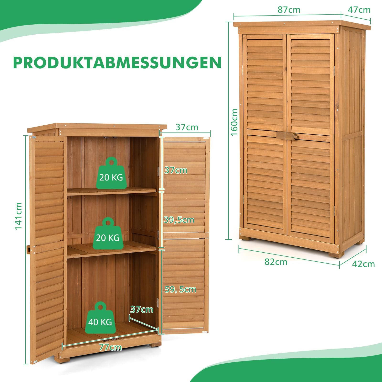 RELAX4LIFE Gartenhaus, Geräteschuppen Holz, Gerätehaus Wetterfest, Gartenschrank mit 3 Ausnehmbaren Regalen & Holzriegel, Holzschuppen mit Asphalt Satteldach, 87 x 47 x 160 cm