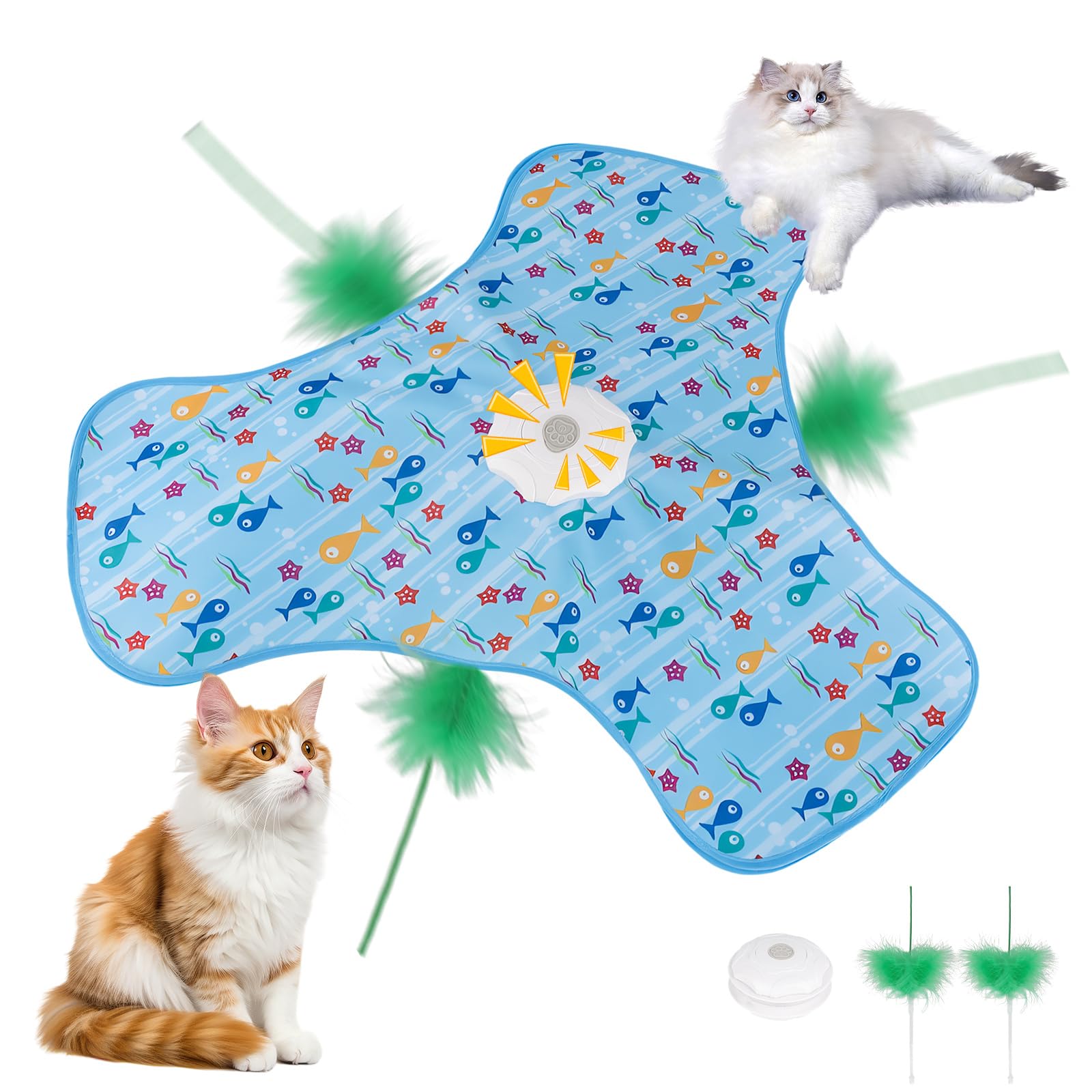 Automatic Interactive Cat Toy - Touch-Activated Hide and Seek Exercise Toy for Indoor Bored Adult Cats and Kittens, Moving Concealed Wand and Feather with 3 Interactive Modes（Fish）
