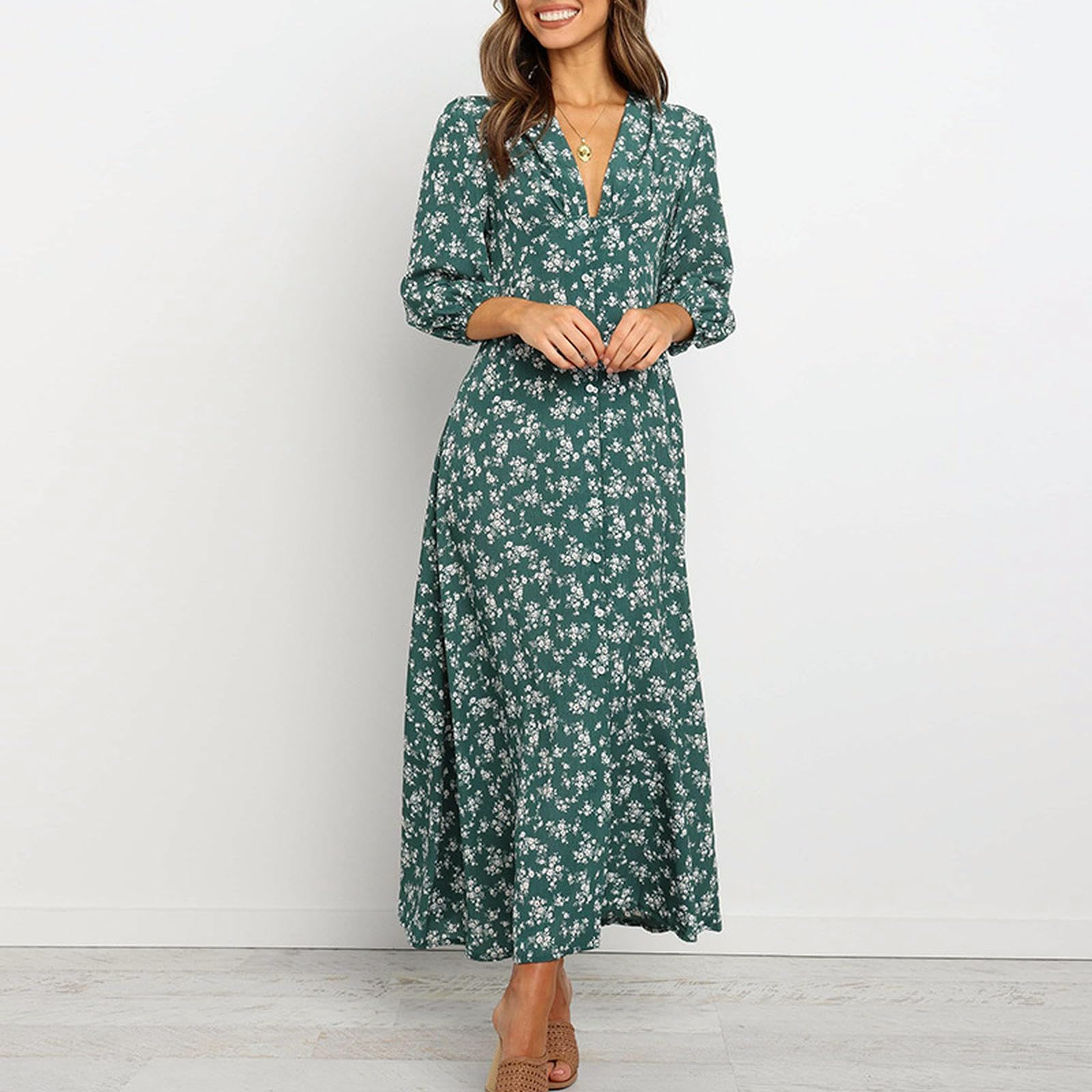 Damska Letnia Sukienka V Neck Latarka Rękawy Guziki Wysoka Talia Casual Retro Midi