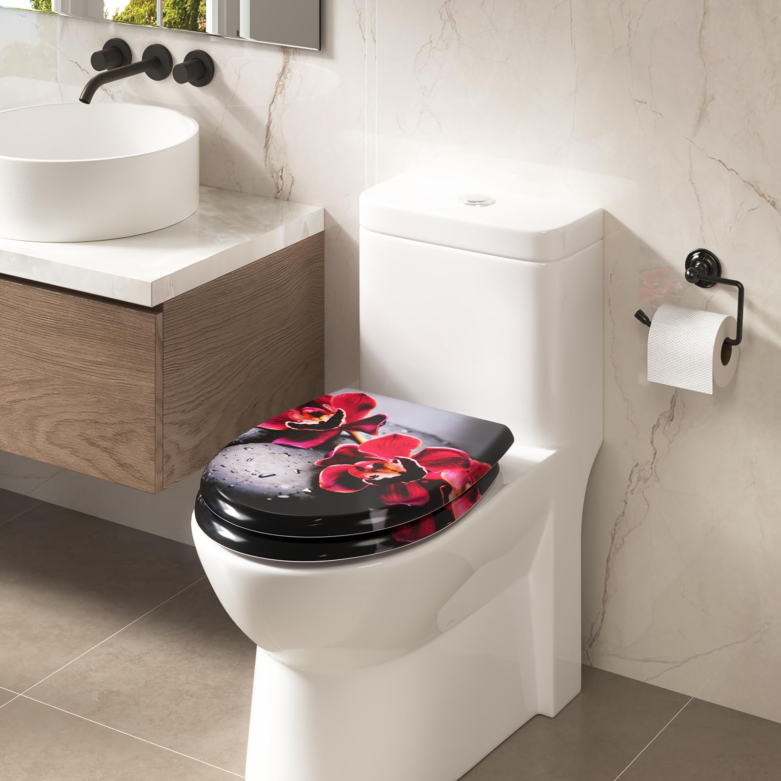 WOLTU Tapa WC con Cierre Lento y Liberación Rapida, Tapa de Inodoro de Forma O, Tapa Inodoro Termoplástico, Montaje Superior, con Bisagras Ajustables entre 10-18,5 cm, WS2609