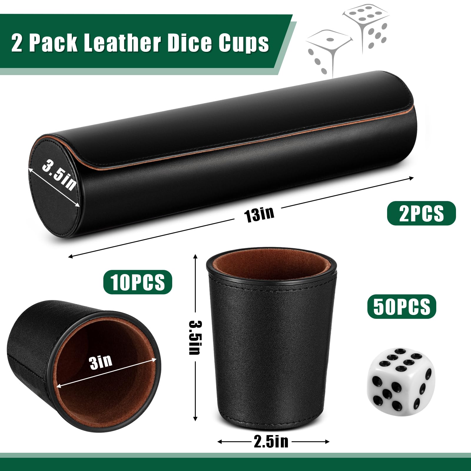 Liliful Lot de 2 tasses à dés en cuir noir comprenant 5 tasses à dés en cuir, 25 dés et 1 étui de rangement en cuir avec fermeture magnétique pour chaque ensemble, jeu de dés menteurs pour craps