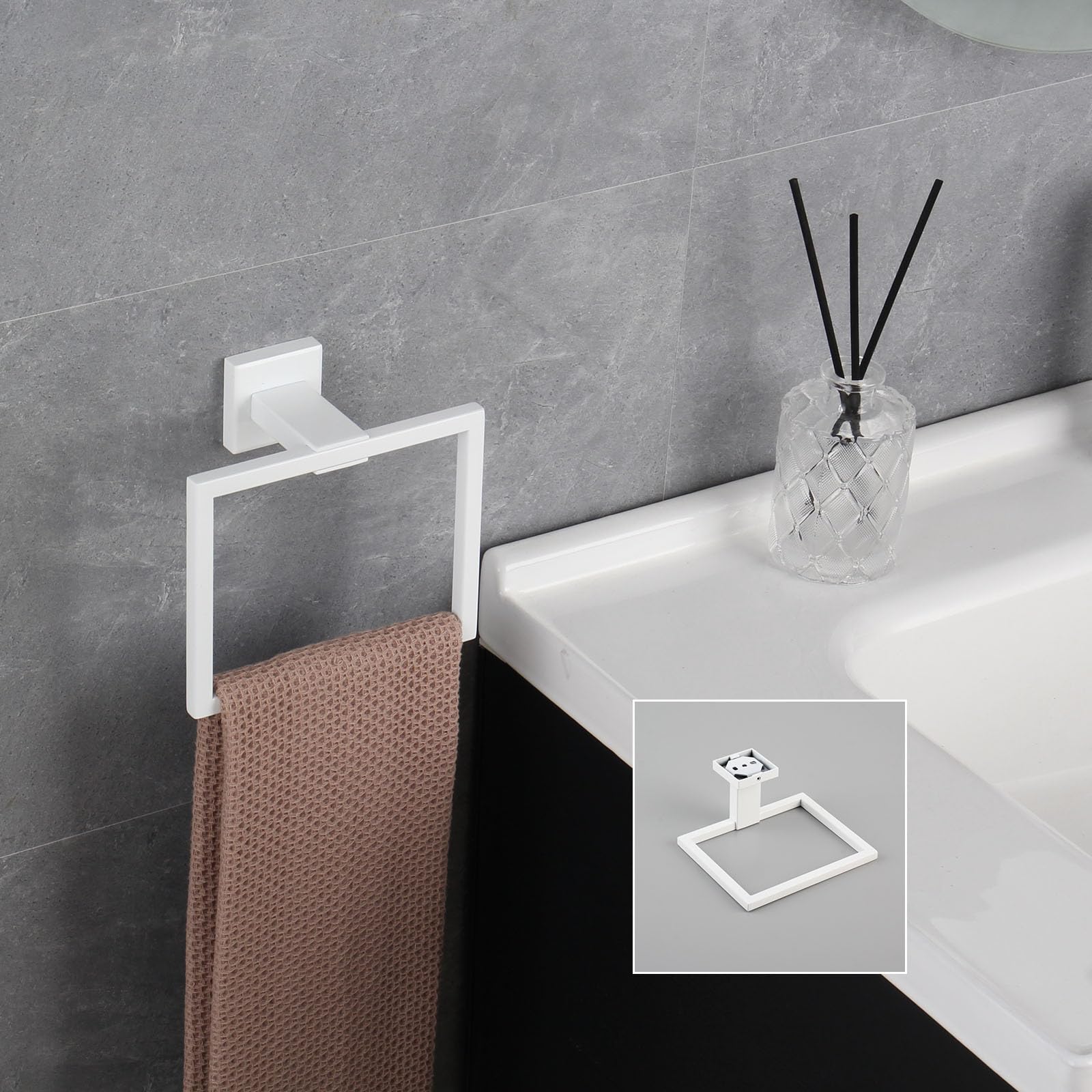 GERZWY 2-teiliges Badezimmer-Hardware-Set, Handtuchring und Toilettenpapierhalter, SUS 304 Edelstahl, Wandmontage, Weiß