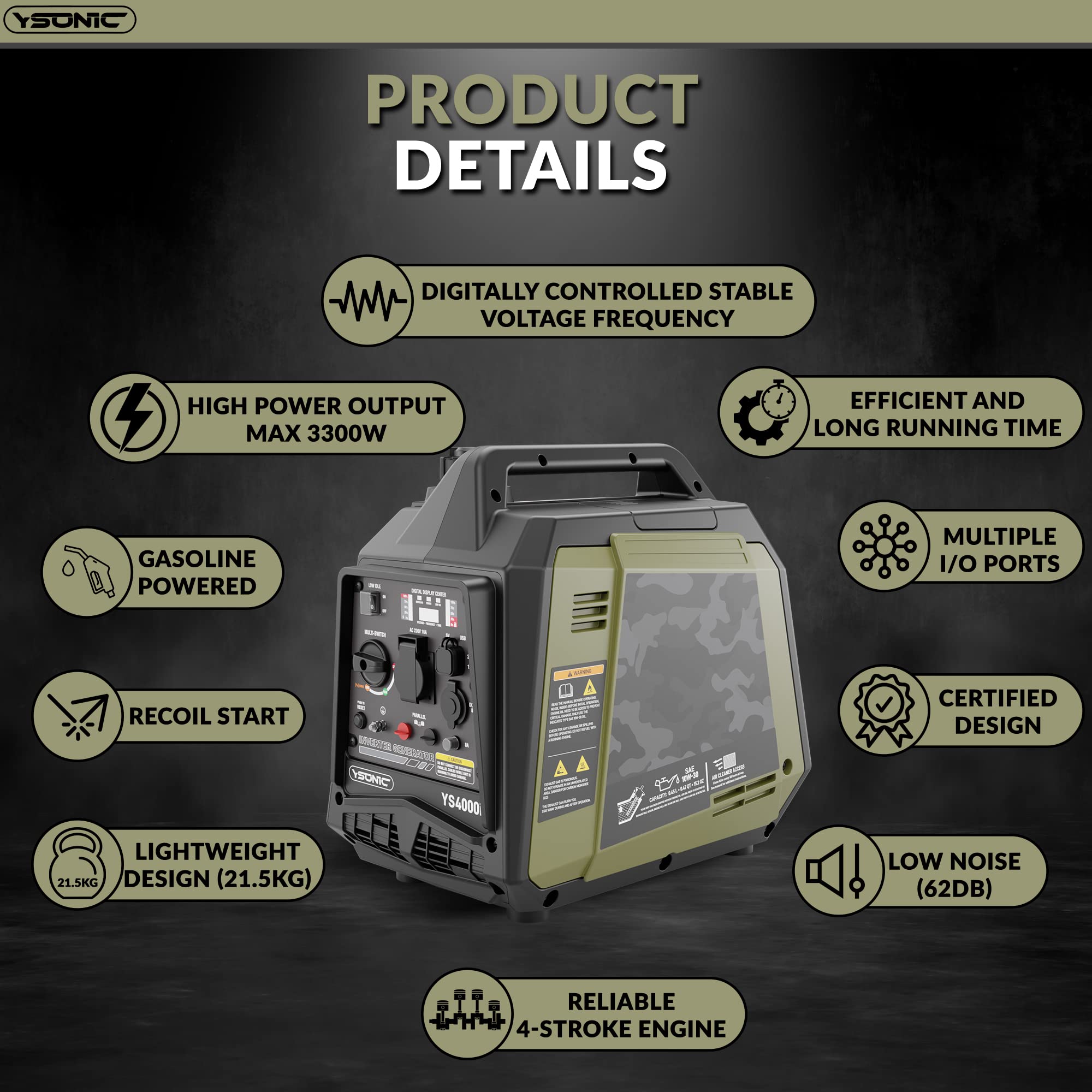 3300W Generador Inverter Gasolina, con 2 puertos USB, 230 V, 12V, Puerto paralelo - Modelo silencioso con 62 dB, portátil, con alarma de potencia y bajo nivel de aceite