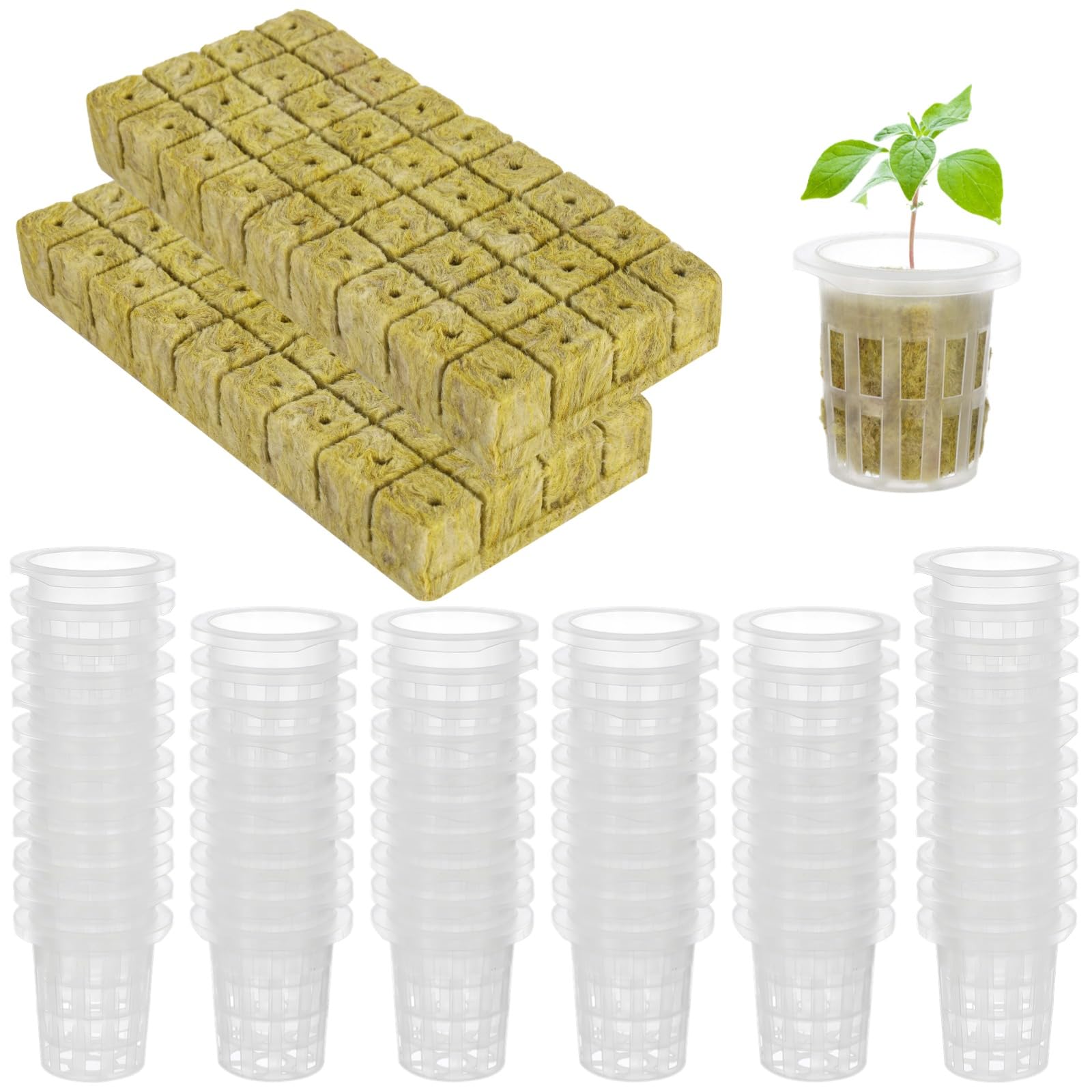 72 Cubes de Laine de Roche et Pots Filet, kit de démarrage hydroponique, Bouchons stonewool avec Godets, rétention d'eau Efficace, Germination Rapide pour semis, boutures et Croissance des Plants