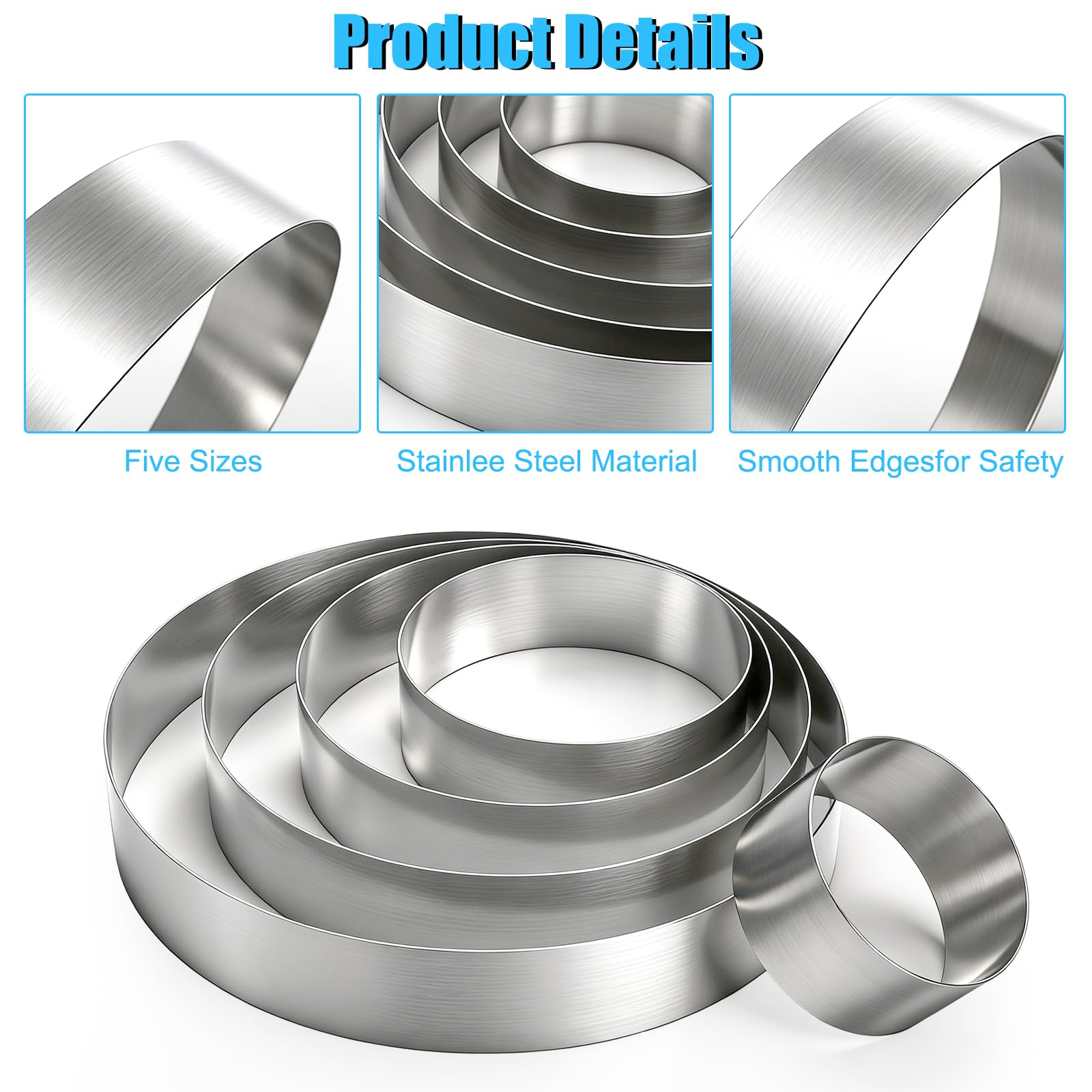 Fasmov Juego de 5 anillos redondos para tartas, anillos de acero inoxidable para tartas de mousse, anillos de hornear de 4 a 12 pulgadas, moldes redondos para pasteles, anillo de repostería para